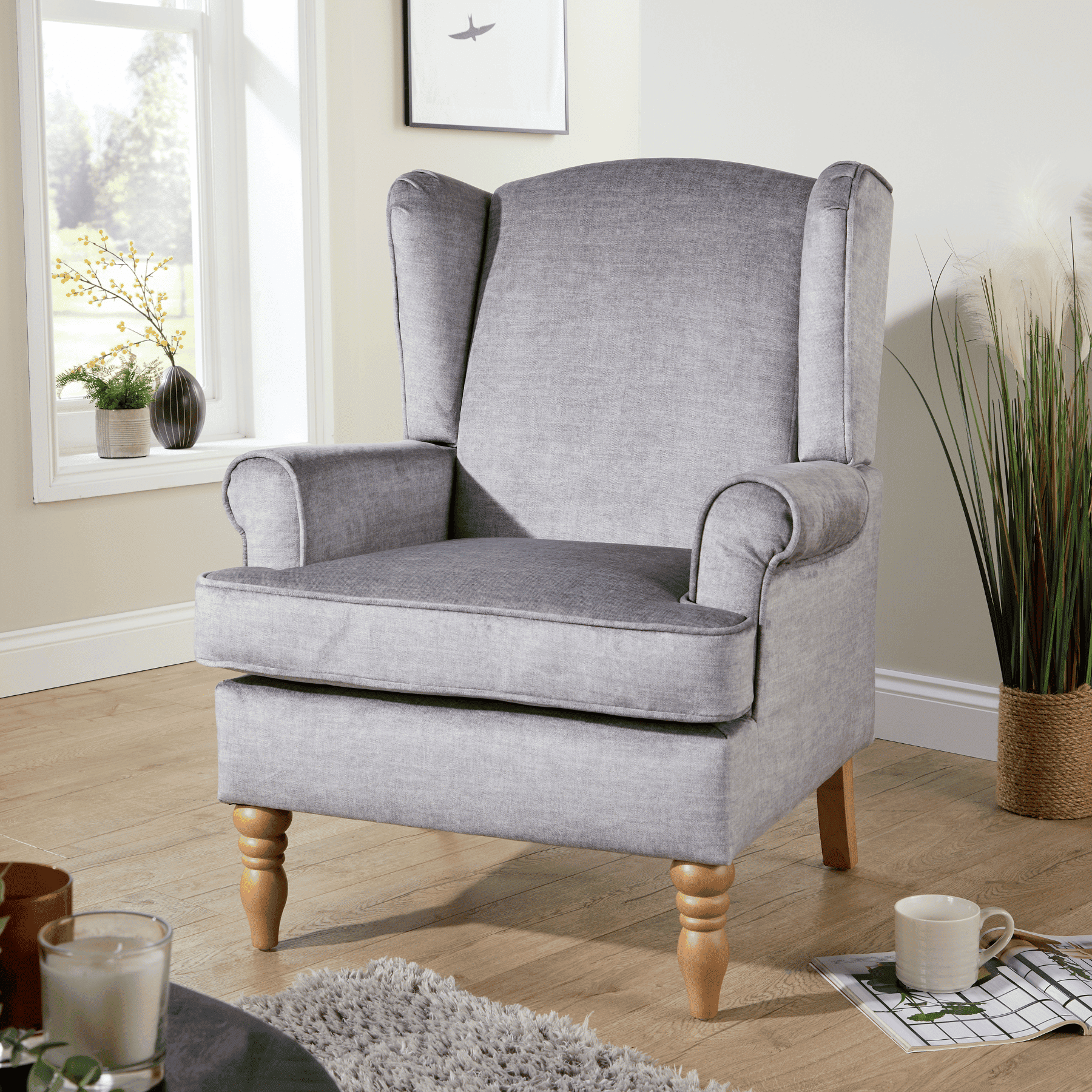 Helena Wingback Armchair Modern Accent Chair Occasional Sofa Seating Wooden Legs - Picture 23 of 29