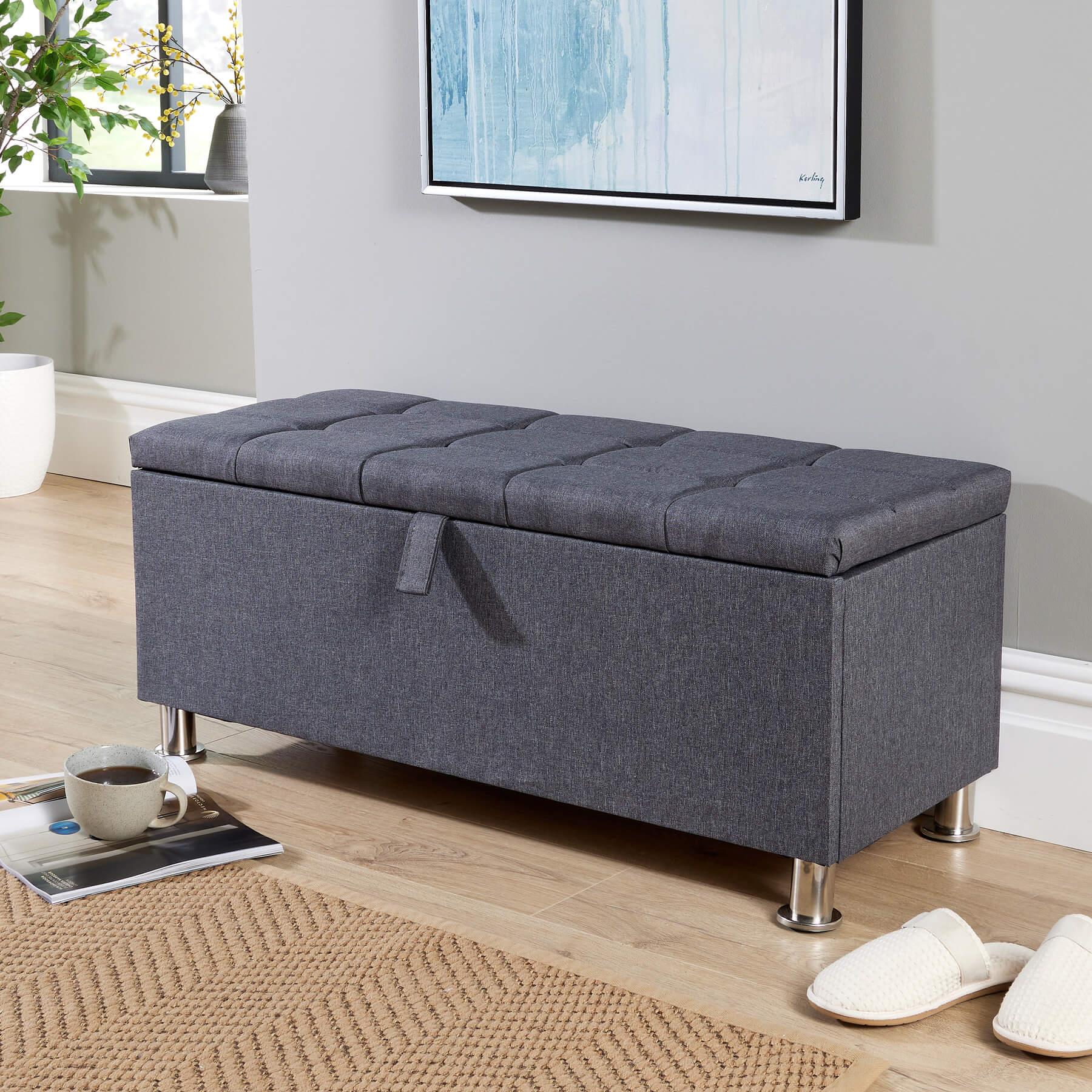 Storage Ottoman Chest Furniture Padded Seat Buttoned Detailing Metal Legs - Picture 5 of 25