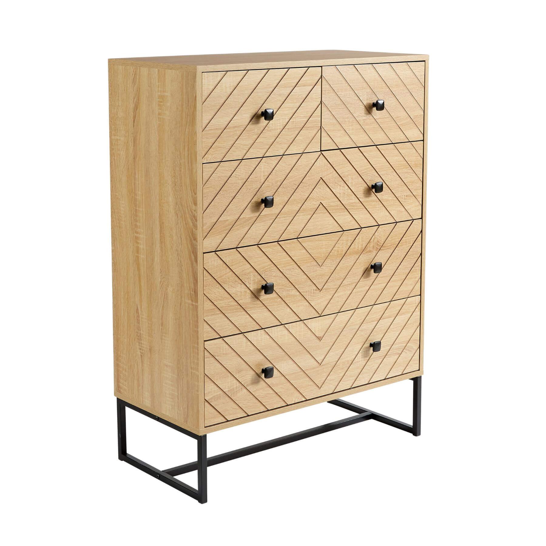 Chest 5/6 Drawers Aztec Design Oak Effect Metal Legs Bedroom Storage Furniture - Picture 8 of 17