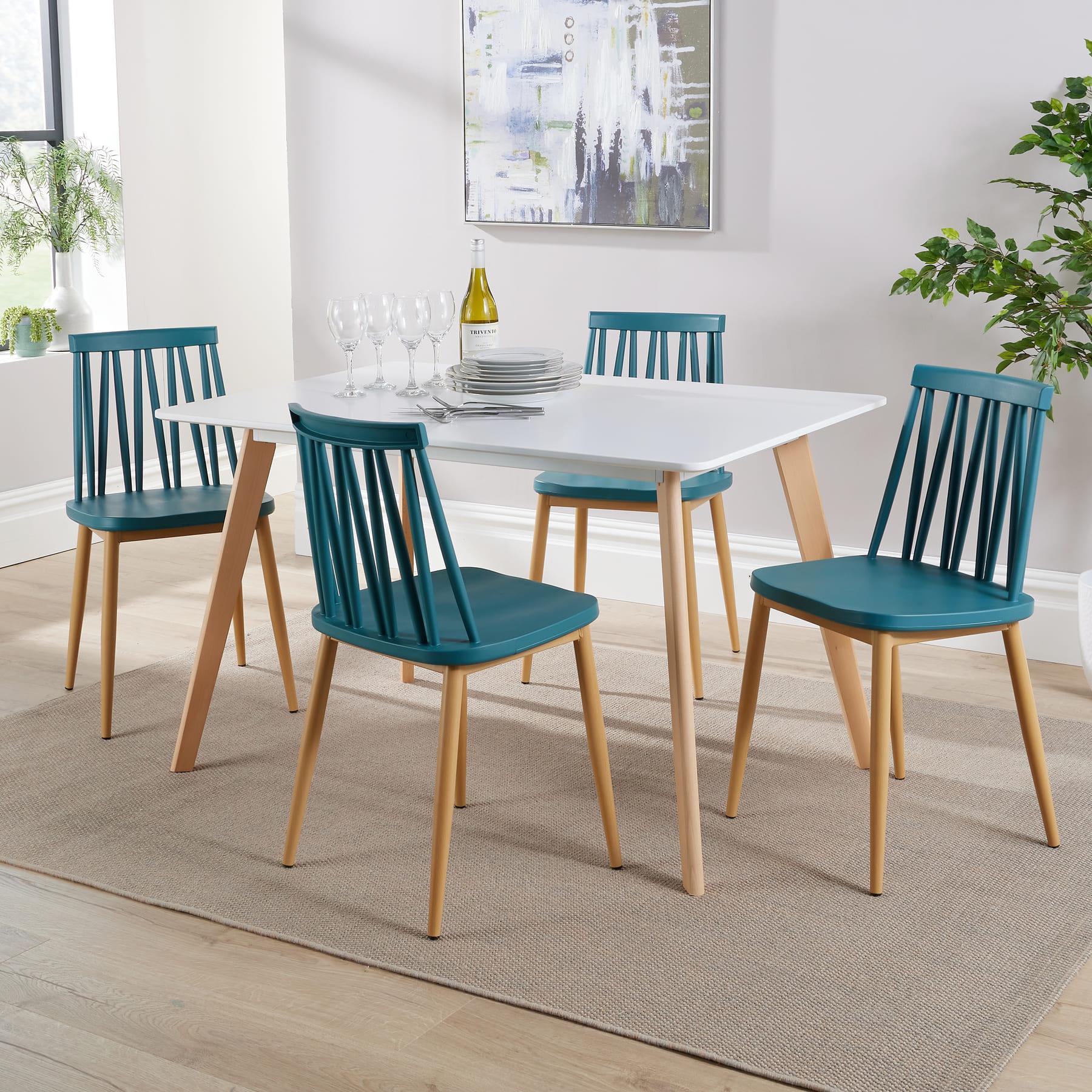 Dining Table Set - 120cm White Top Wooden Legs With 4 Kitchen Chairs Furniture - Picture 59 of 79