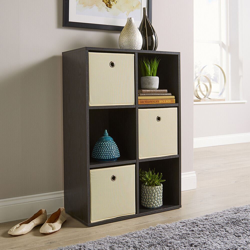 Storage Cube Black Shelves Bookcase Wooden Display Organiser with Fabric Drawers - Picture 6 of 9