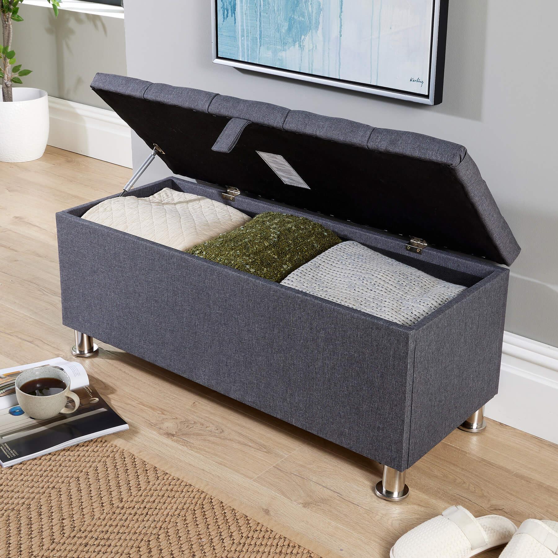 Storage Ottoman Chest Furniture Padded Seat Buttoned Detailing Metal Legs - Picture 2 of 25