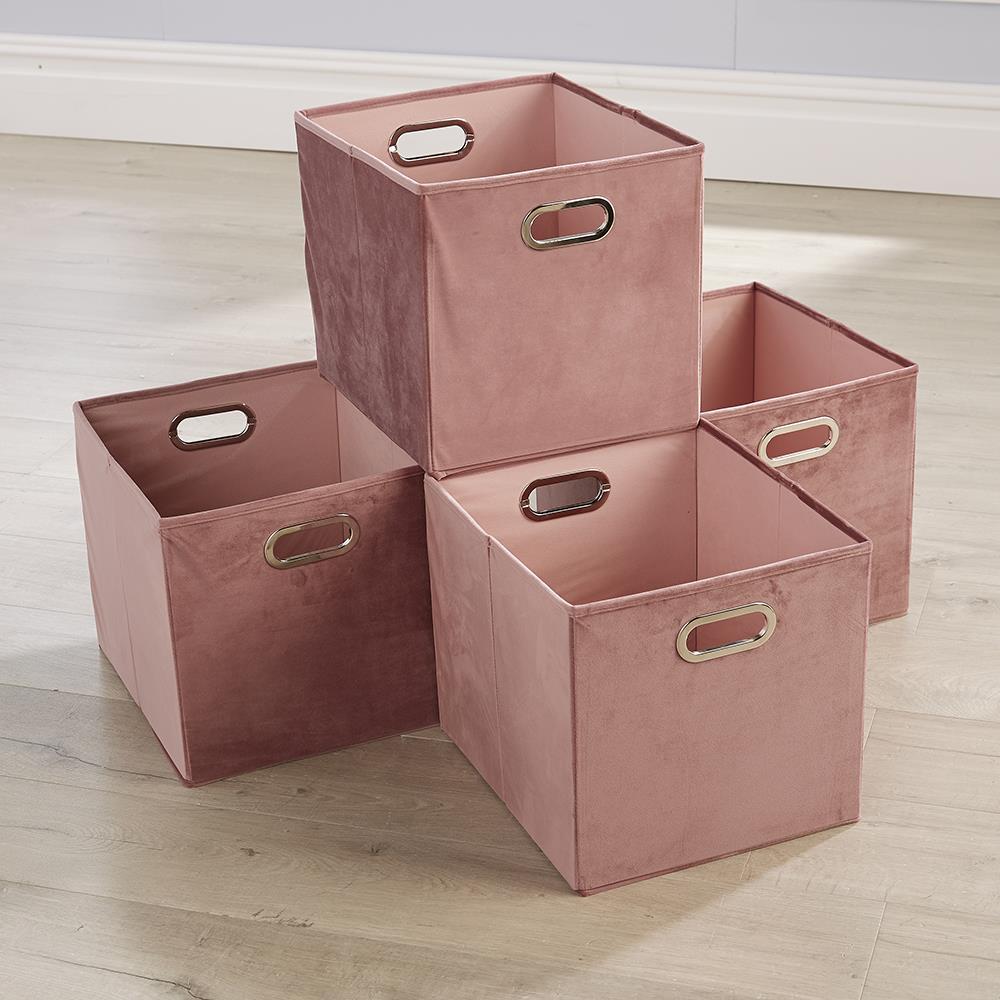 Folding Flat Velvet Blush Square Storage Utility Box Fabric Cube 4pc