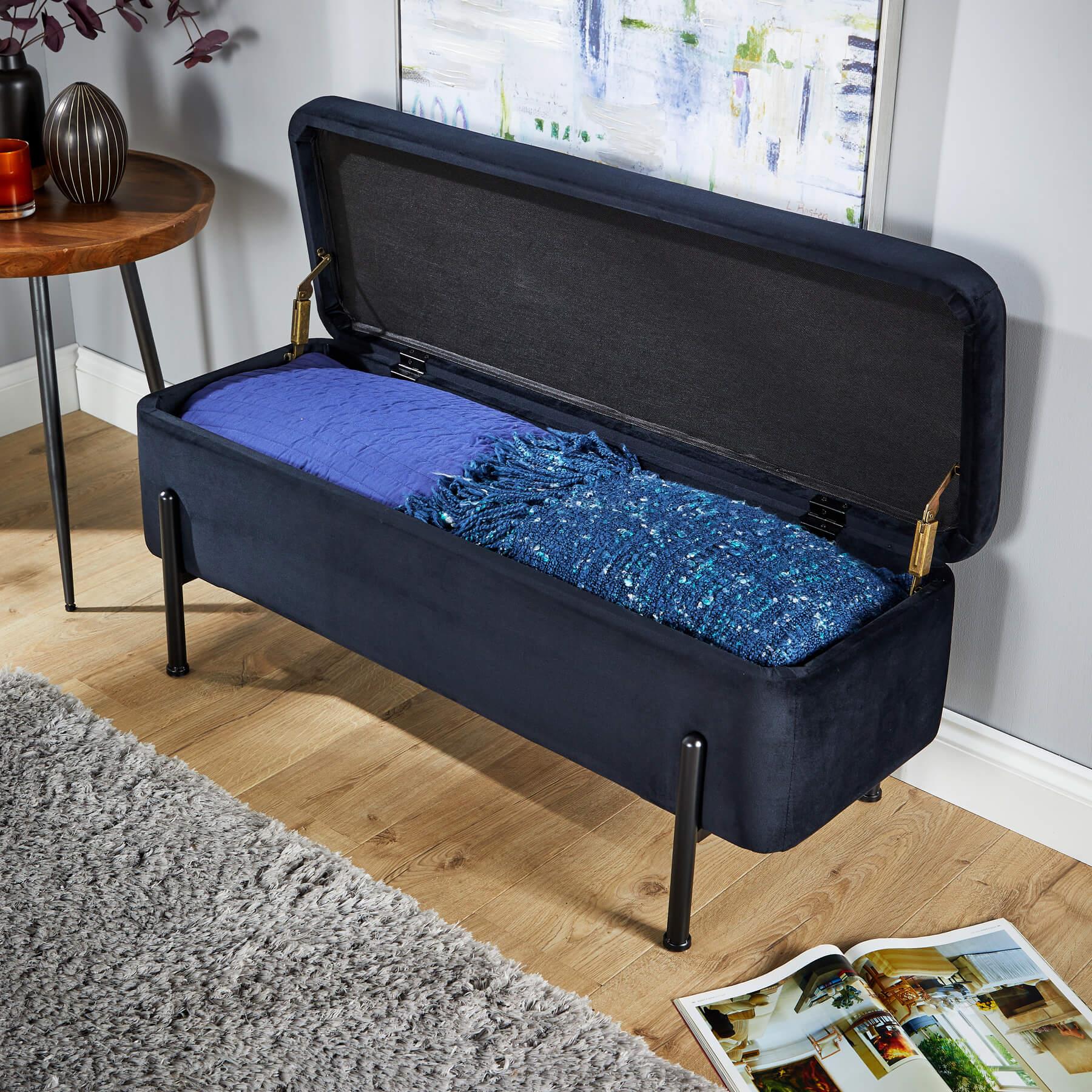 Storage Ottoman Seat Velvet Metal Legs Compact Storage Bedroom Home Furniture - Picture 4 of 55