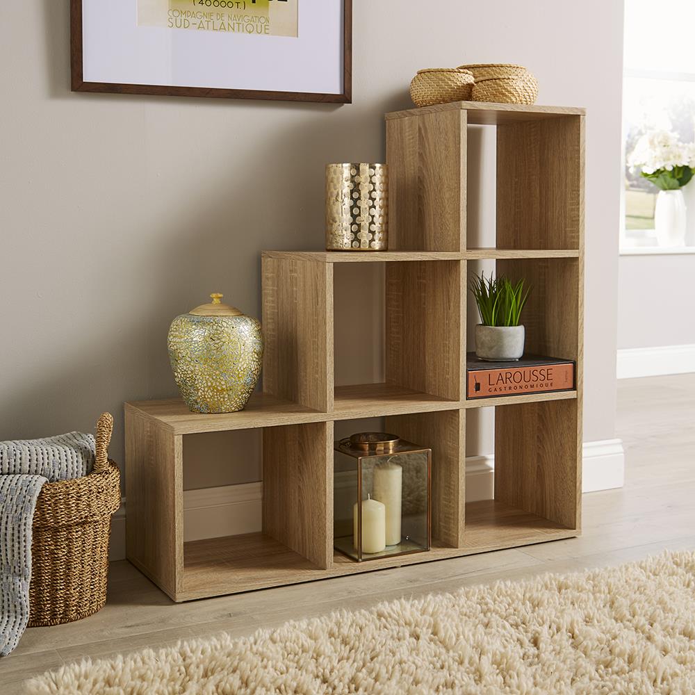 Step Style Storage Cube 6 Shelf Bookcase Wooden Display Staircase Unit