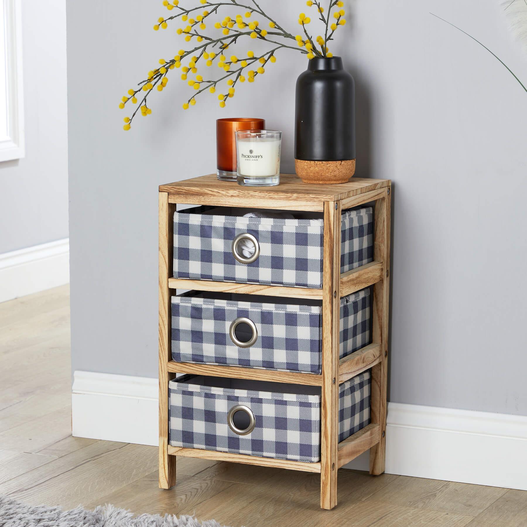 Wooden Chest 3/4/5 Storage Drawers Plaid Fabric Bedroom Organiser Coastal Style - Picture 4 of 22