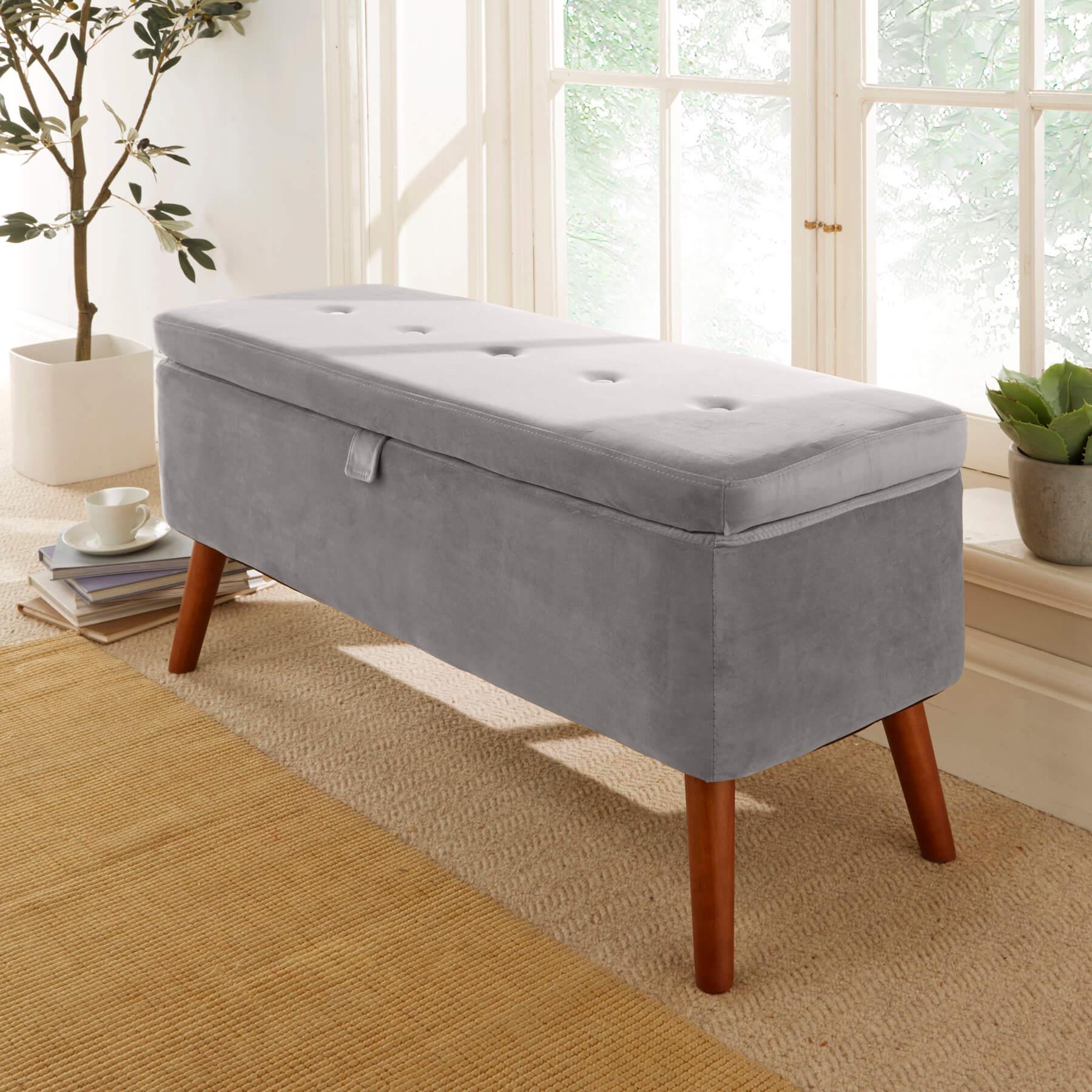 Velvet Grey Ottoman Storage Bedding Box Pouffe Stool Footstool And