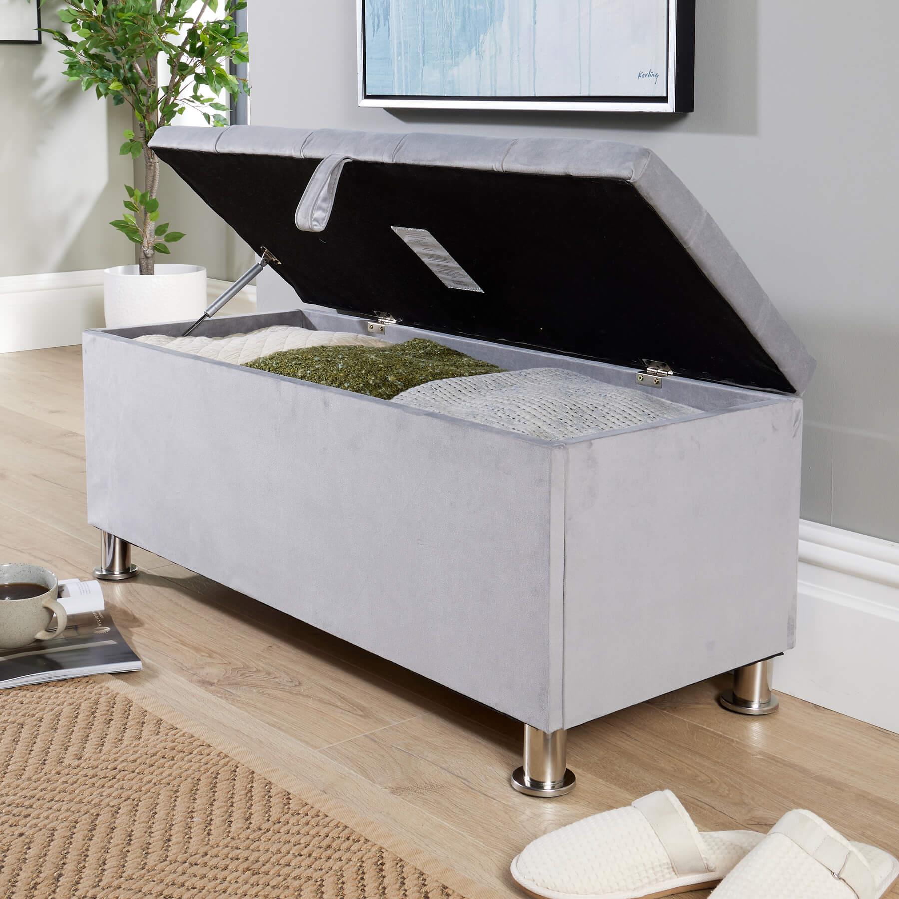 Storage Ottoman Chest Furniture Padded Seat Buttoned Detailing Metal Legs - Picture 18 of 25