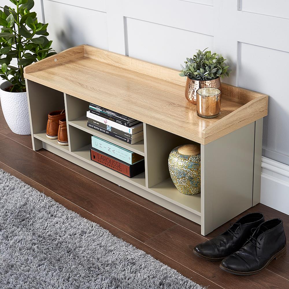 Grey Oak Hallway Storage Bench With Open Shoe Storage