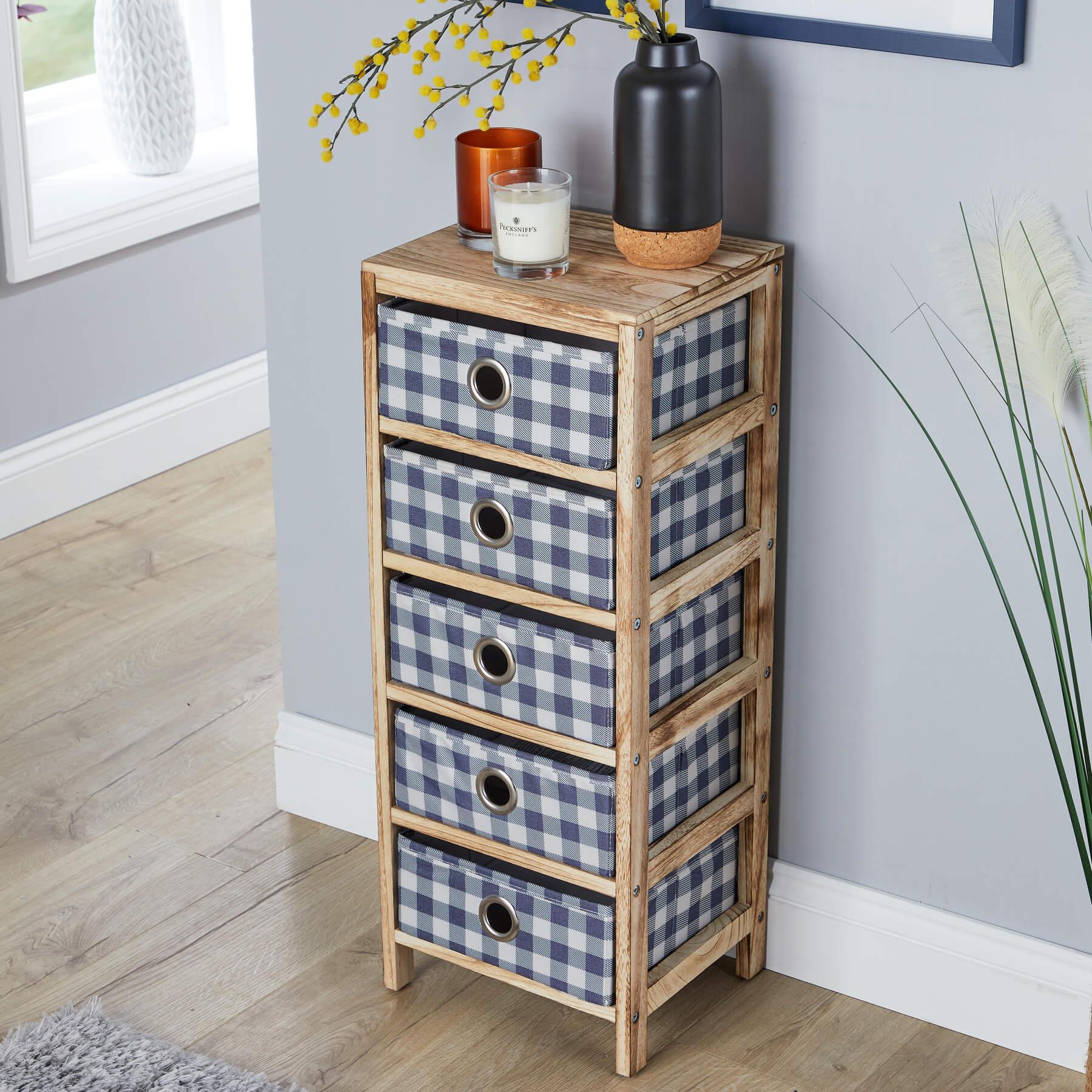 Wooden Chest 3/4/5 Storage Drawers Plaid Fabric Bedroom Organiser Coastal Style - Picture 17 of 22