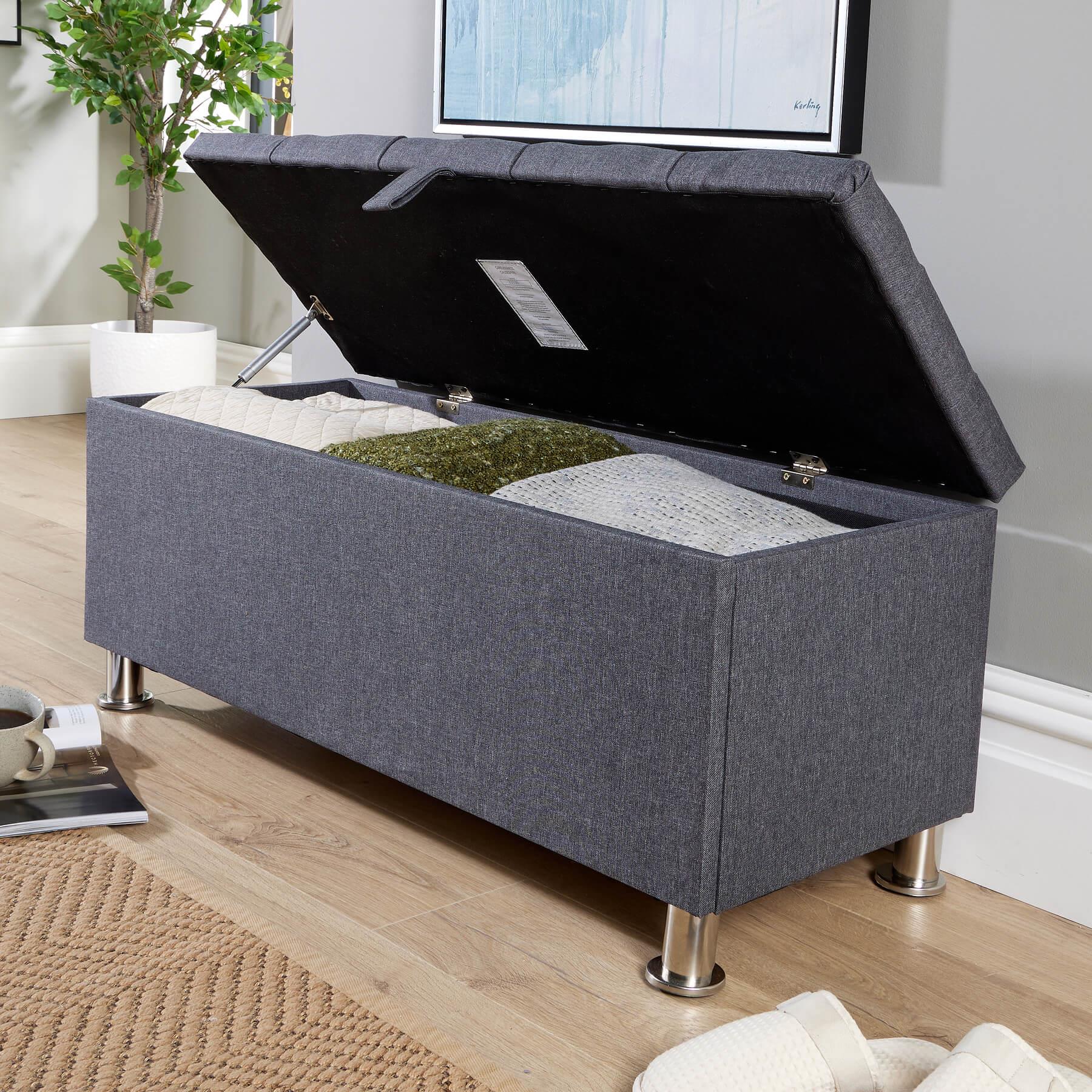 Storage Ottoman Chest Furniture Padded Seat Buttoned Detailing Metal Legs - Picture 6 of 25