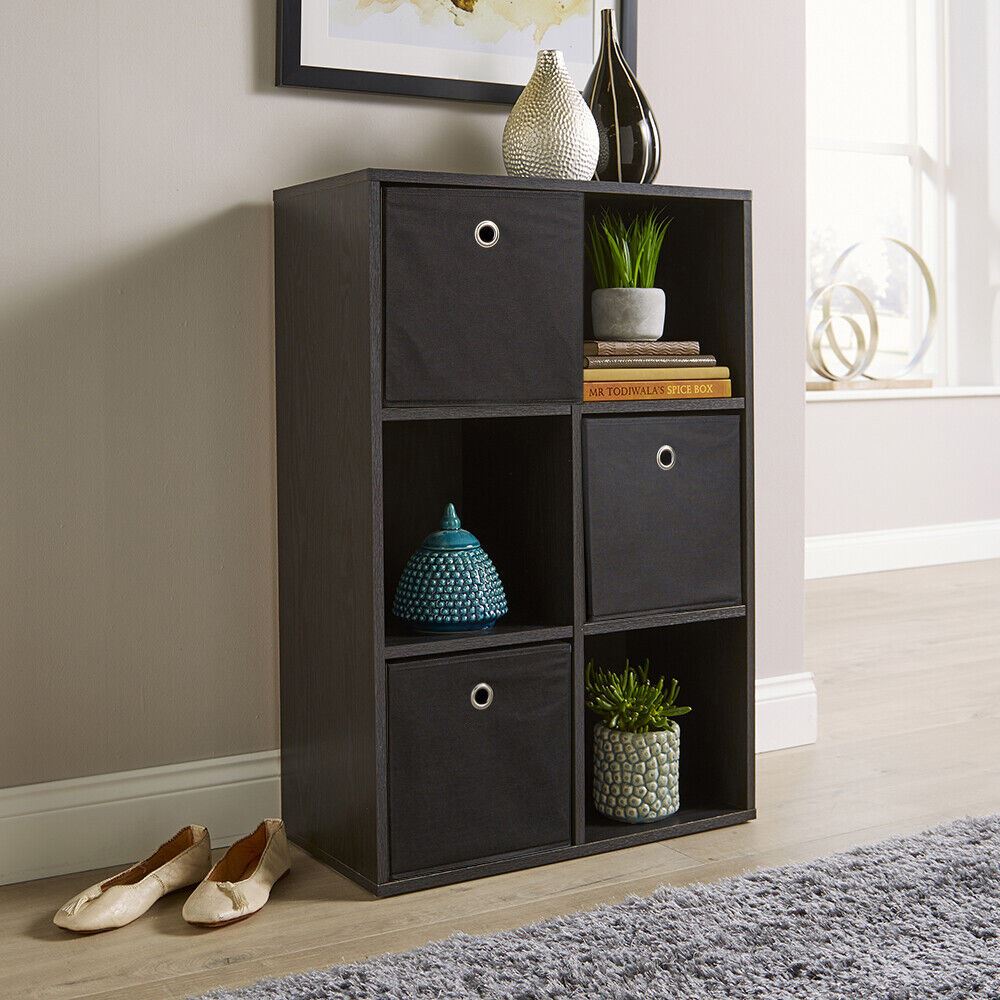 Storage Cube Black Shelves Bookcase Wooden Display Organiser with Fabric Drawers - Picture 9 of 9