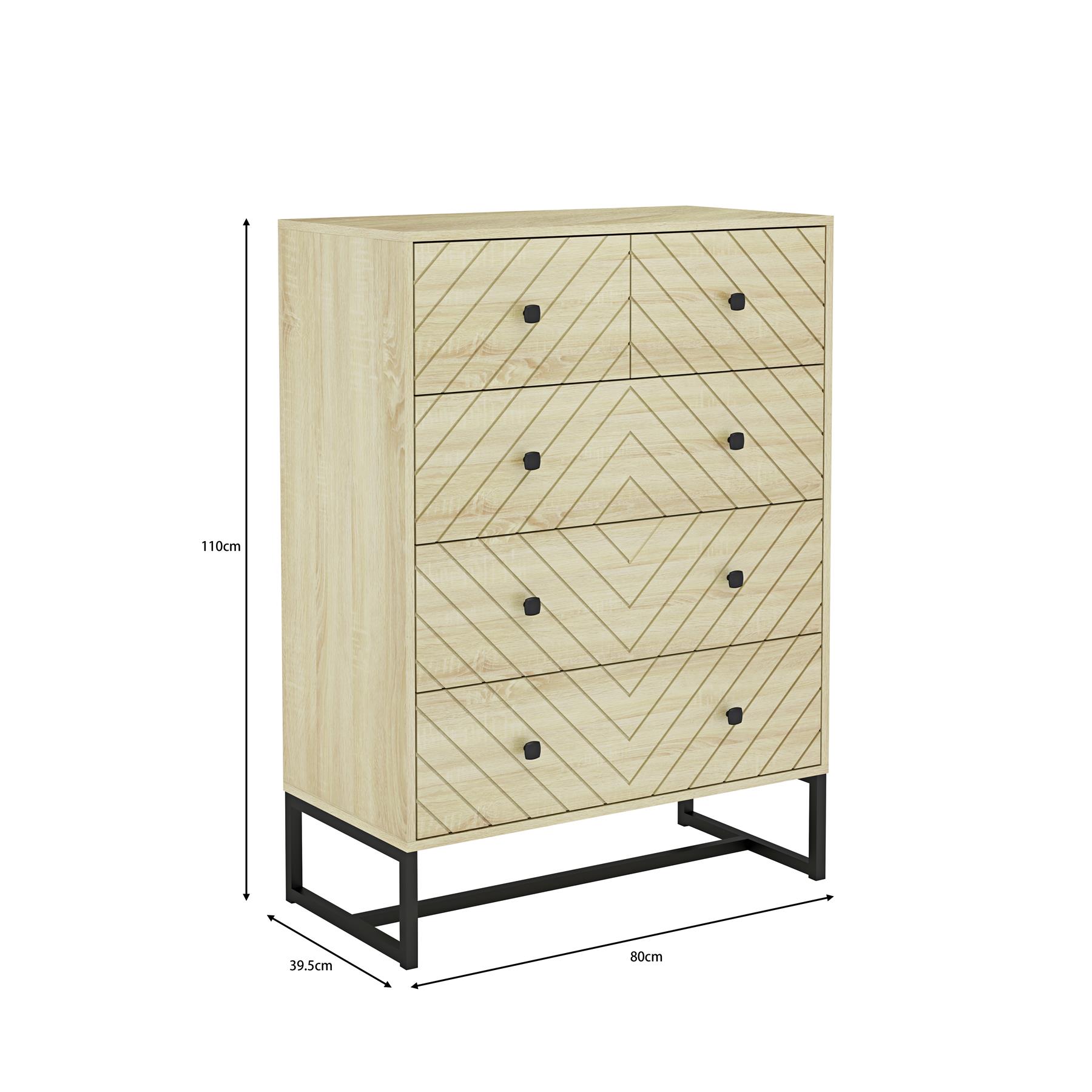 Chest 5/6 Drawers Aztec Design Oak Effect Metal Legs Bedroom Storage Furniture - Picture 9 of 17