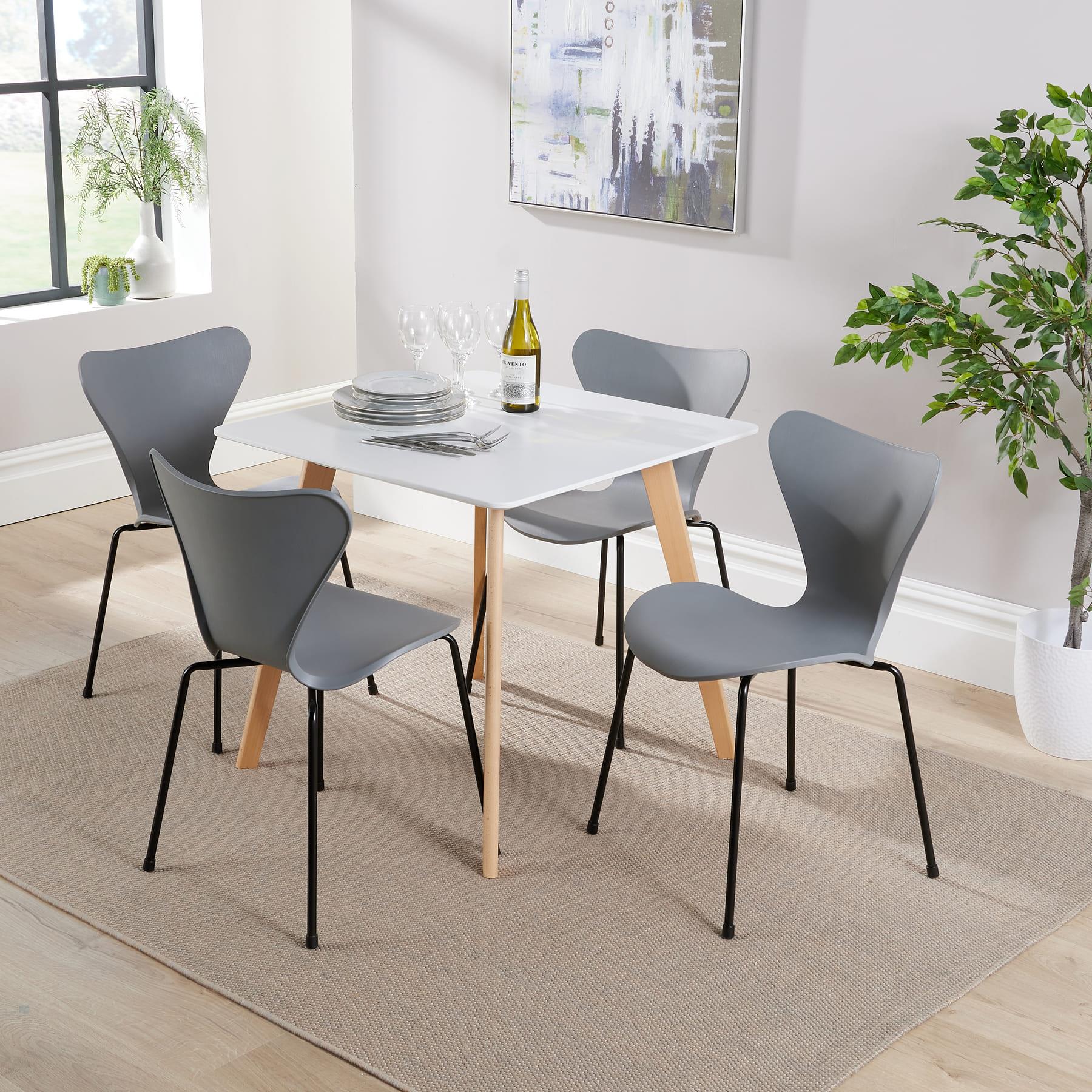Esstisch Set - 80 cm weiße Platte Holzbeine 4 geometrische/gebogene Küchenstühle - Bild 13 von 48