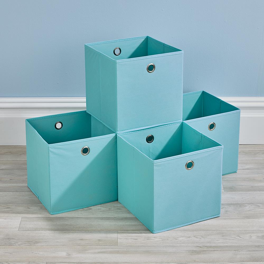 Folding Aqua Blue Square Storage Utility Box 4 Piece Fabric Cube Set