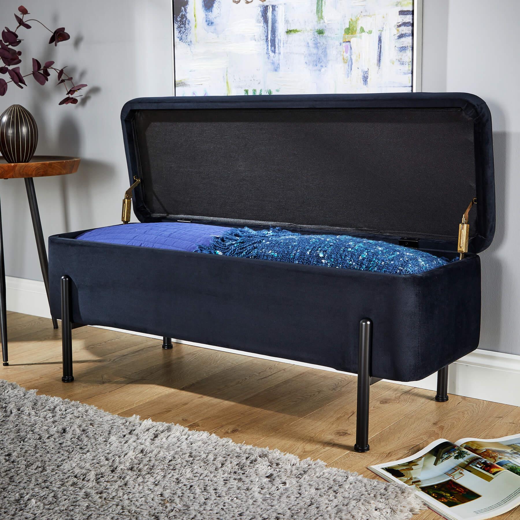 Storage Ottoman Seat Velvet Metal Legs Compact Storage Bedroom Home Furniture - Picture 2 of 55