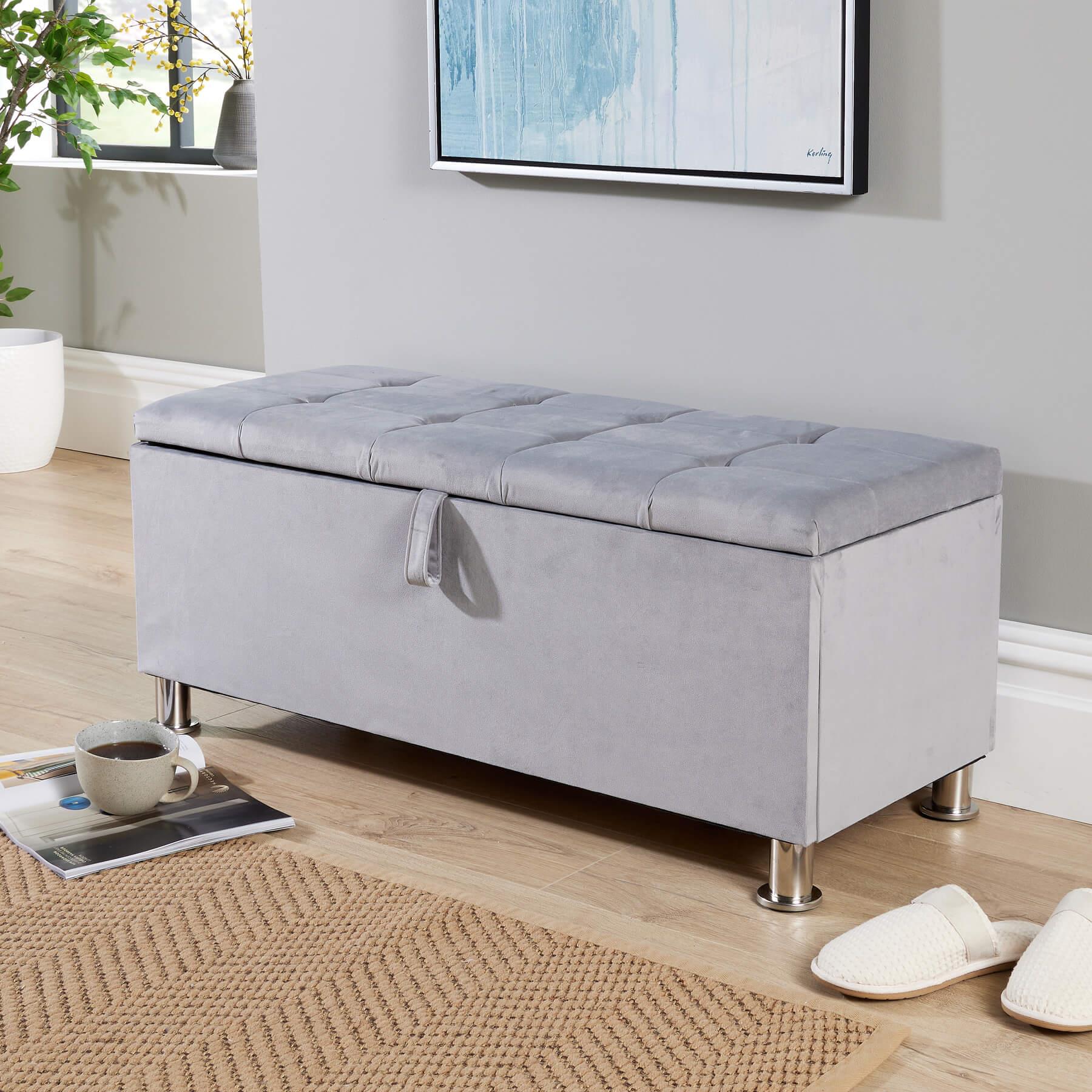 Storage Ottoman Chest Furniture Padded Seat Buttoned Detailing Metal Legs - Picture 14 of 25