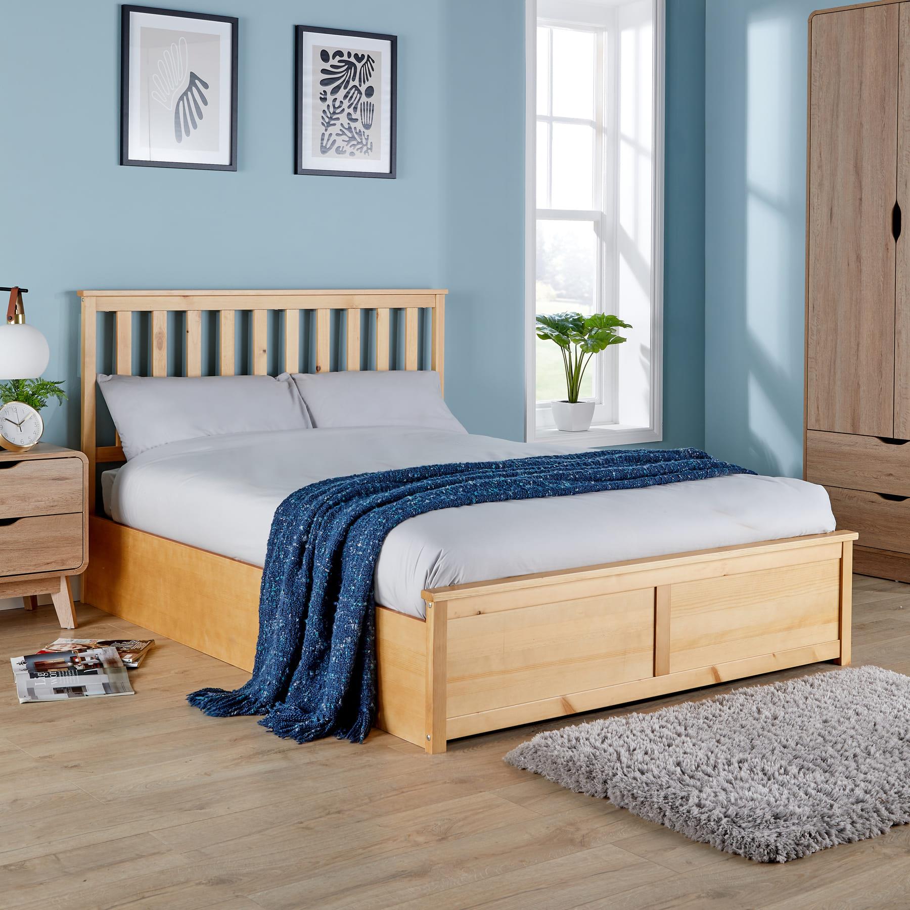 Ottoman Double / King Size Bed Frame Wooded Pine End Lift Storage Gas Lift 