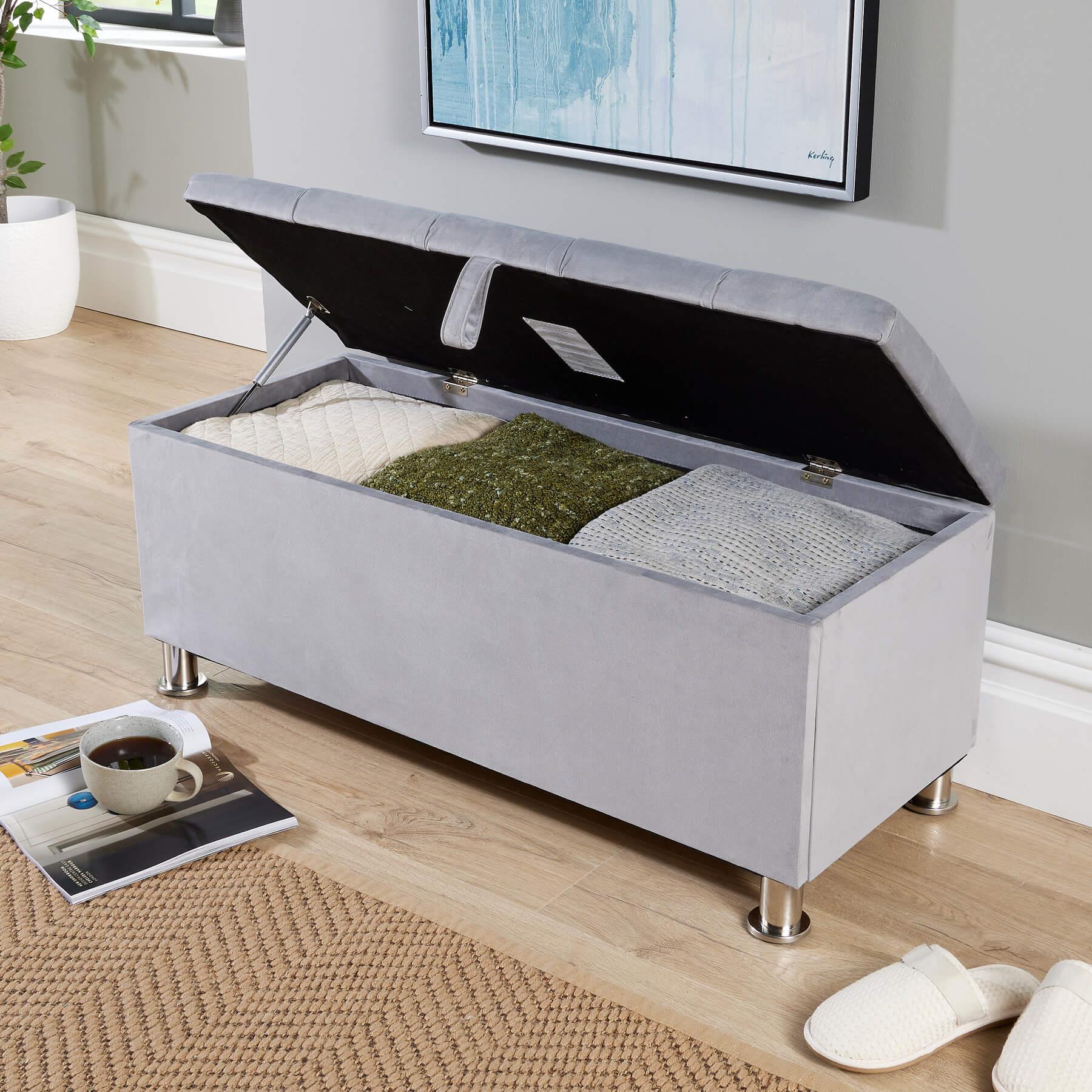 Storage Ottoman Chest Furniture Padded Seat Buttoned Detailing Metal Legs - Picture 17 of 25