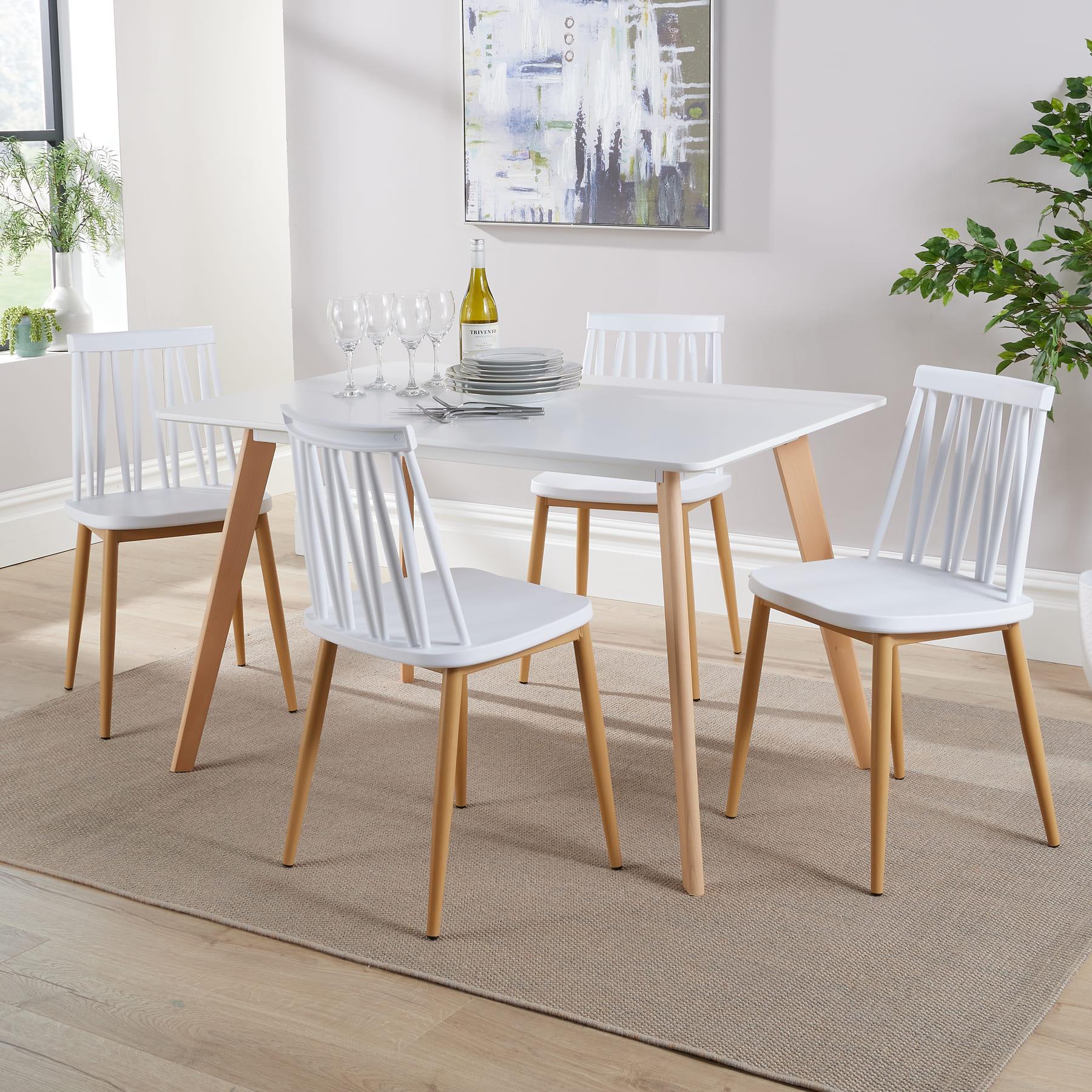 Dining Table Set - 120cm White Top Wooden Legs With 4 Kitchen Chairs Furniture - Picture 71 of 79