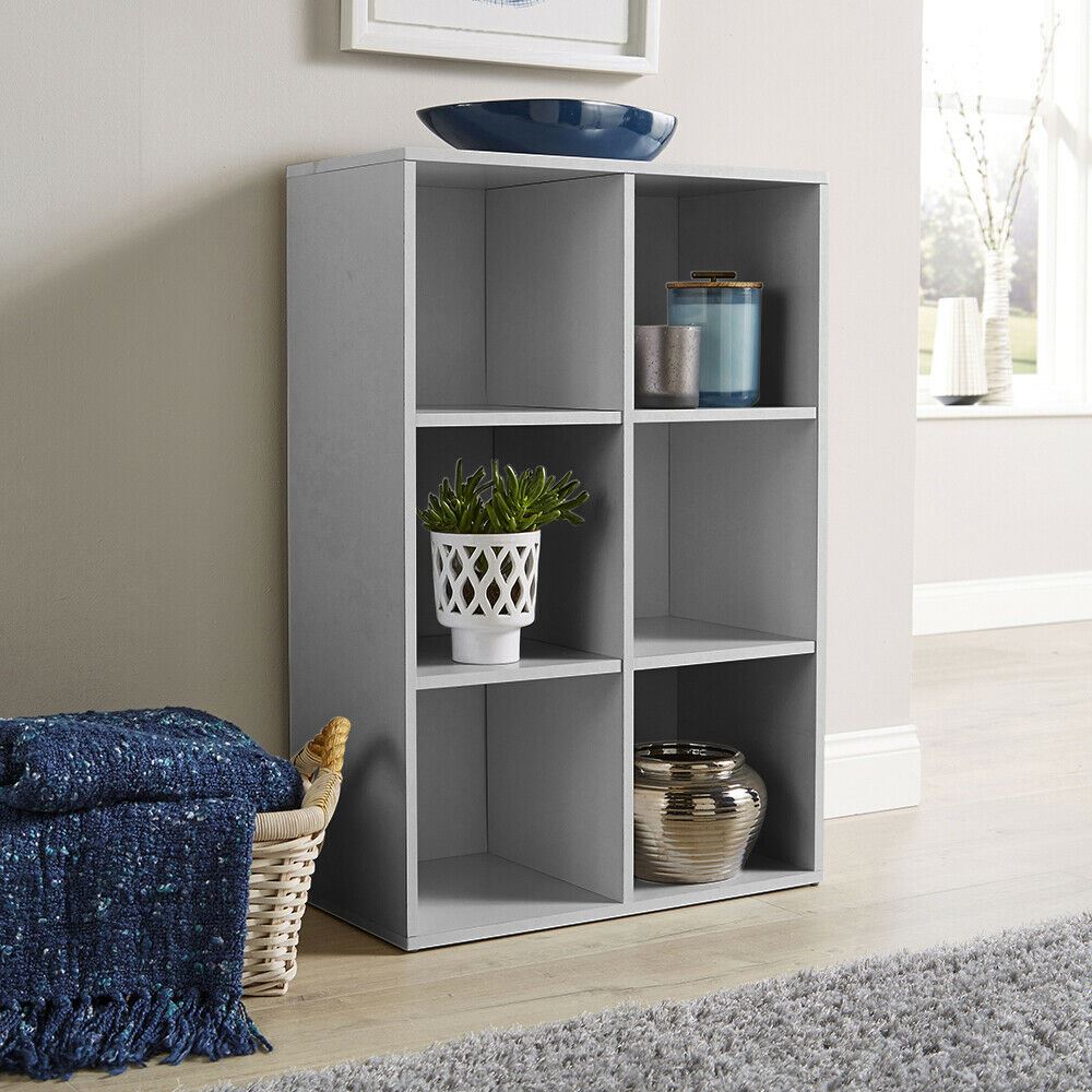 Grey Storage Cube 6 Shelf Bookcase Wooden Display Unit Organiser