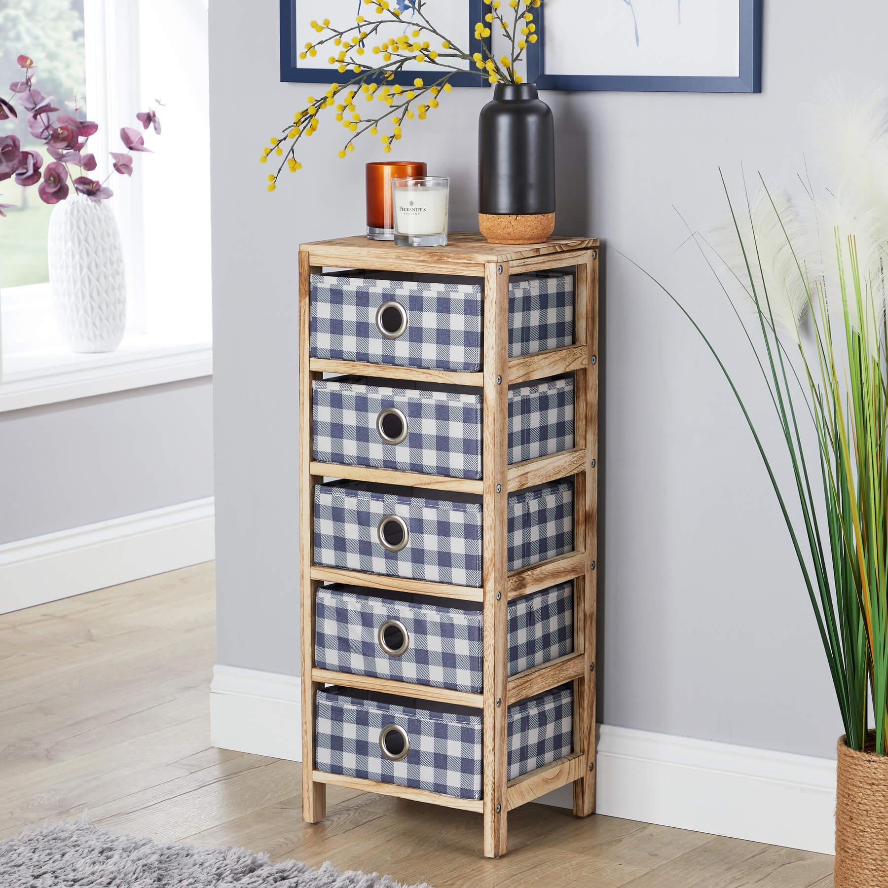 Wooden Chest 3/4/5 Storage Drawers Plaid Fabric Bedroom Organiser Coastal Style - Picture 16 of 22
