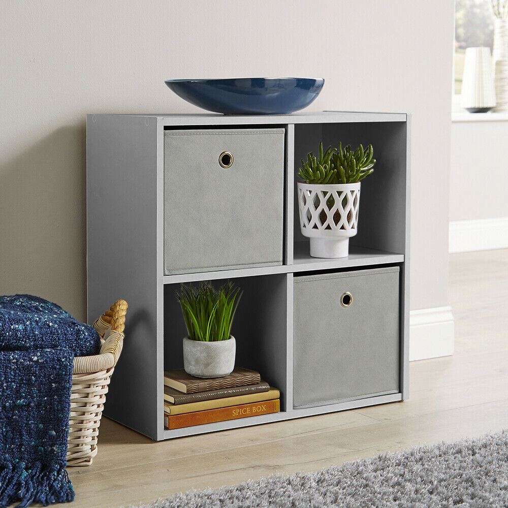Grey Storage Cube 4 Shelf Bookcase Wooden Display Unit Organiser