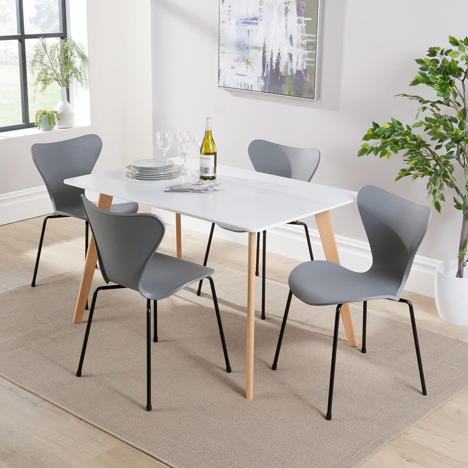 Dining Table Set - 120cm White Top Wooden Legs With 4 Kitchen Chairs Furniture - Picture 36 of 79