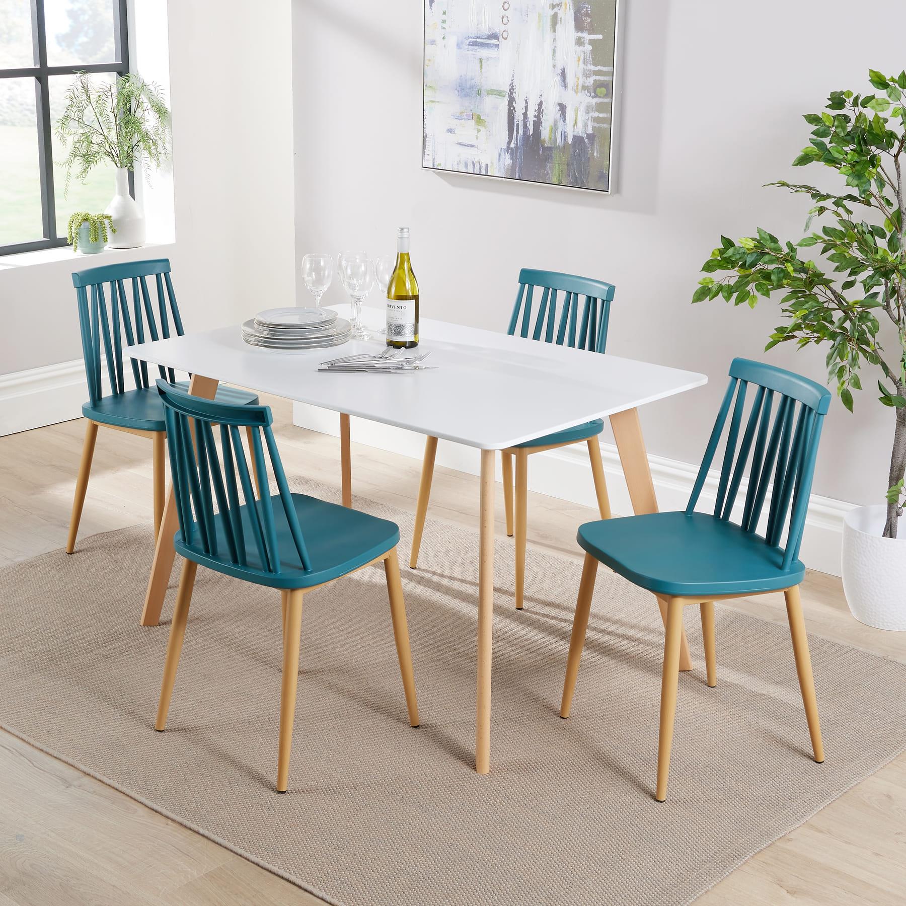 Dining Table Set - 120cm White Top Wooden Legs With 4 Kitchen Chairs Furniture - Picture 60 of 79