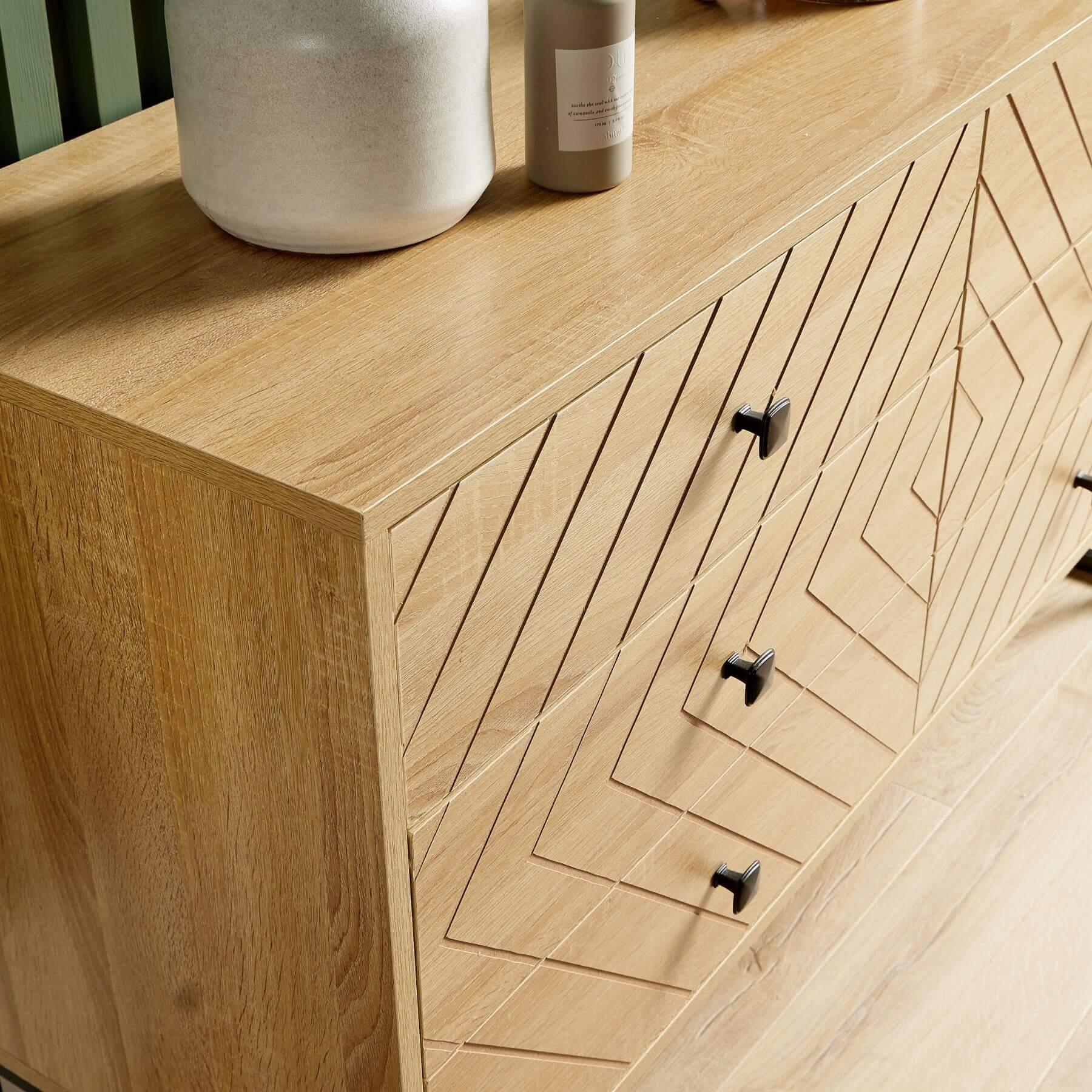 Chest 5/6 Drawers Aztec Design Oak Effect Metal Legs Bedroom Storage Furniture - Picture 13 of 17