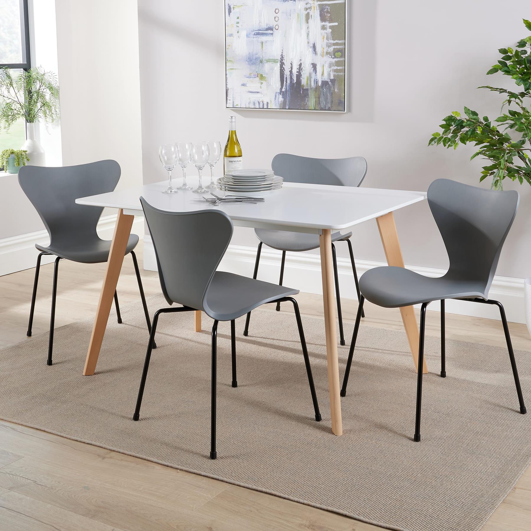 Dining Table Set - 120cm White Top Wooden Legs With 4 Kitchen Chairs Furniture - Picture 35 of 79