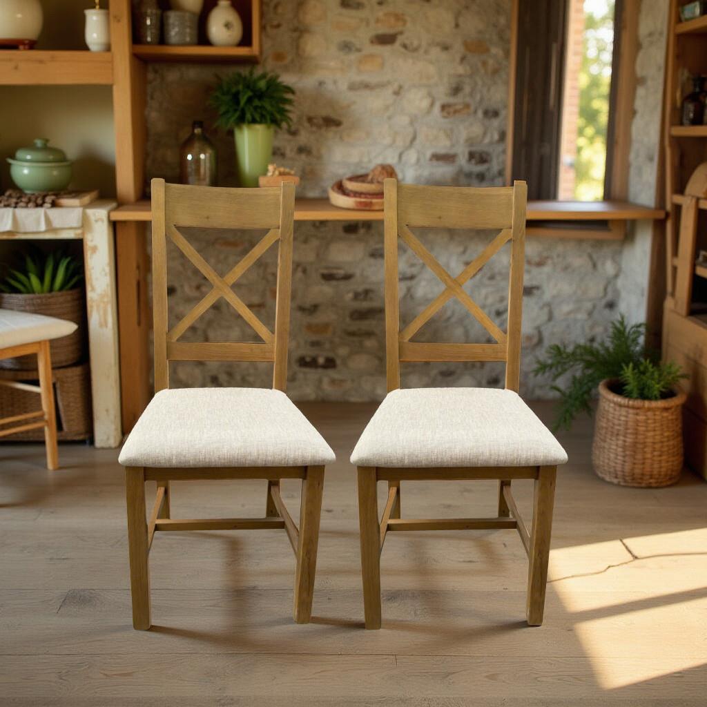 Pair Of High Slatted Back Dining Chairs Wool Seat Solid Oak Legs Fully Assembled - Picture 2 of 7