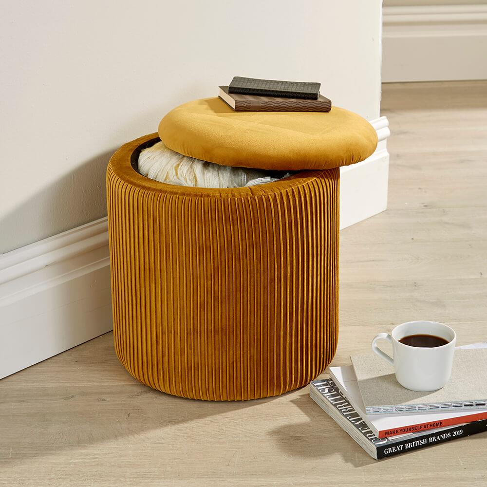 Iris Velvet Mustard Ottoman Storage Box Pouffe Stool Footstool Storage