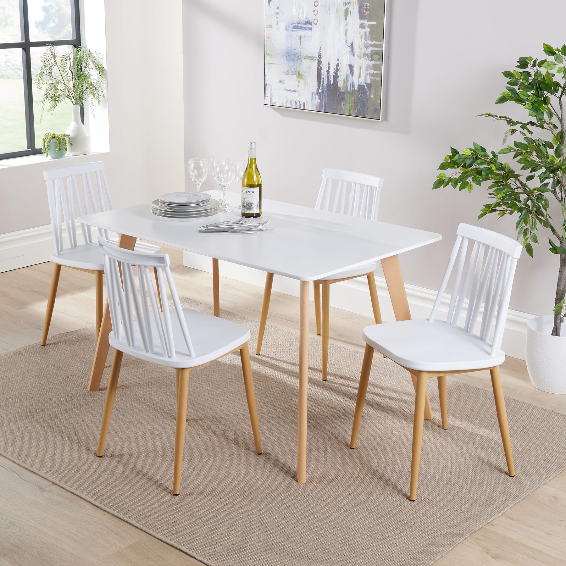 Dining Table Set - 120cm White Top Wooden Legs With 4 Kitchen Chairs Furniture - Picture 72 of 79