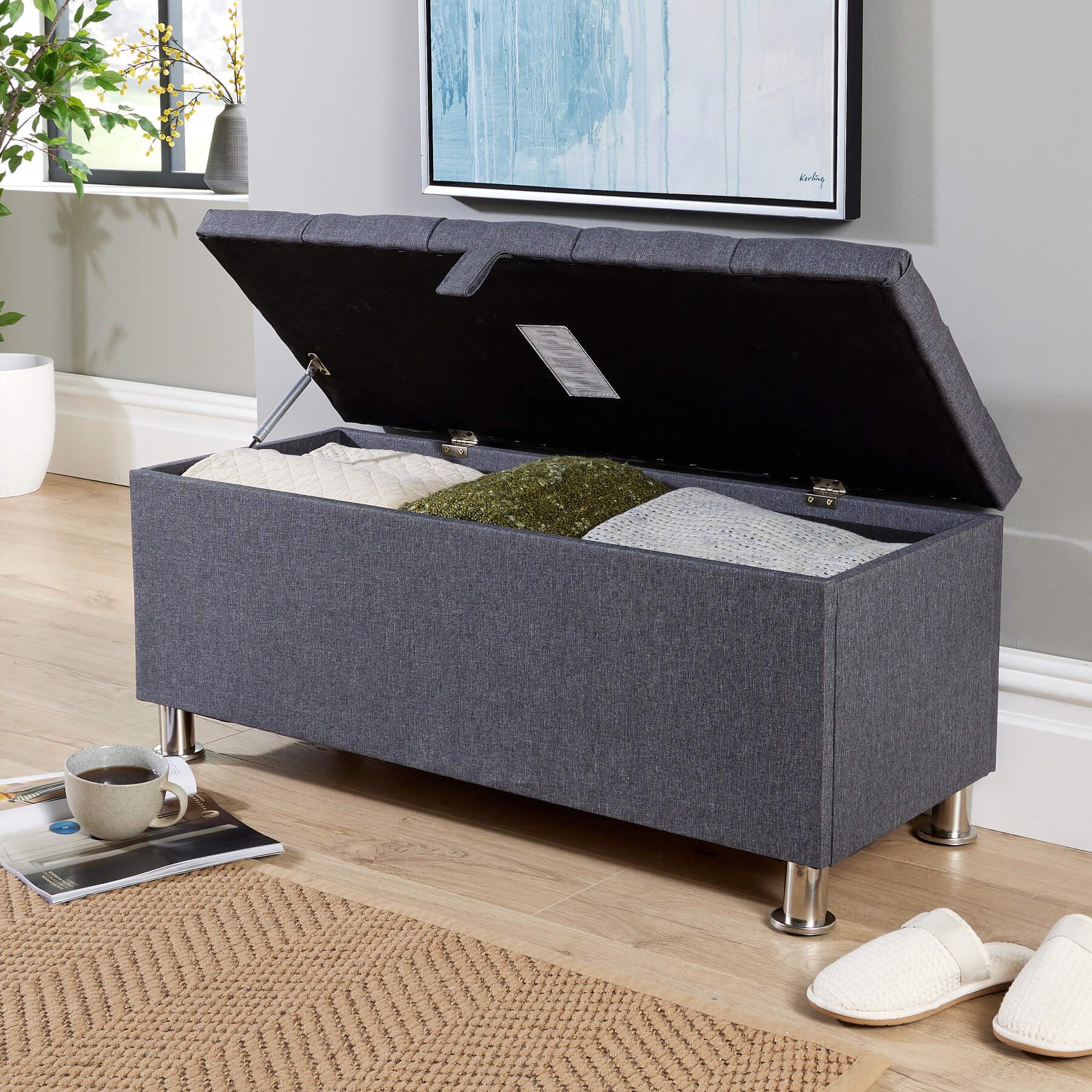 Storage Ottoman Chest Furniture Padded Seat Buttoned Detailing Metal Legs - Picture 4 of 25