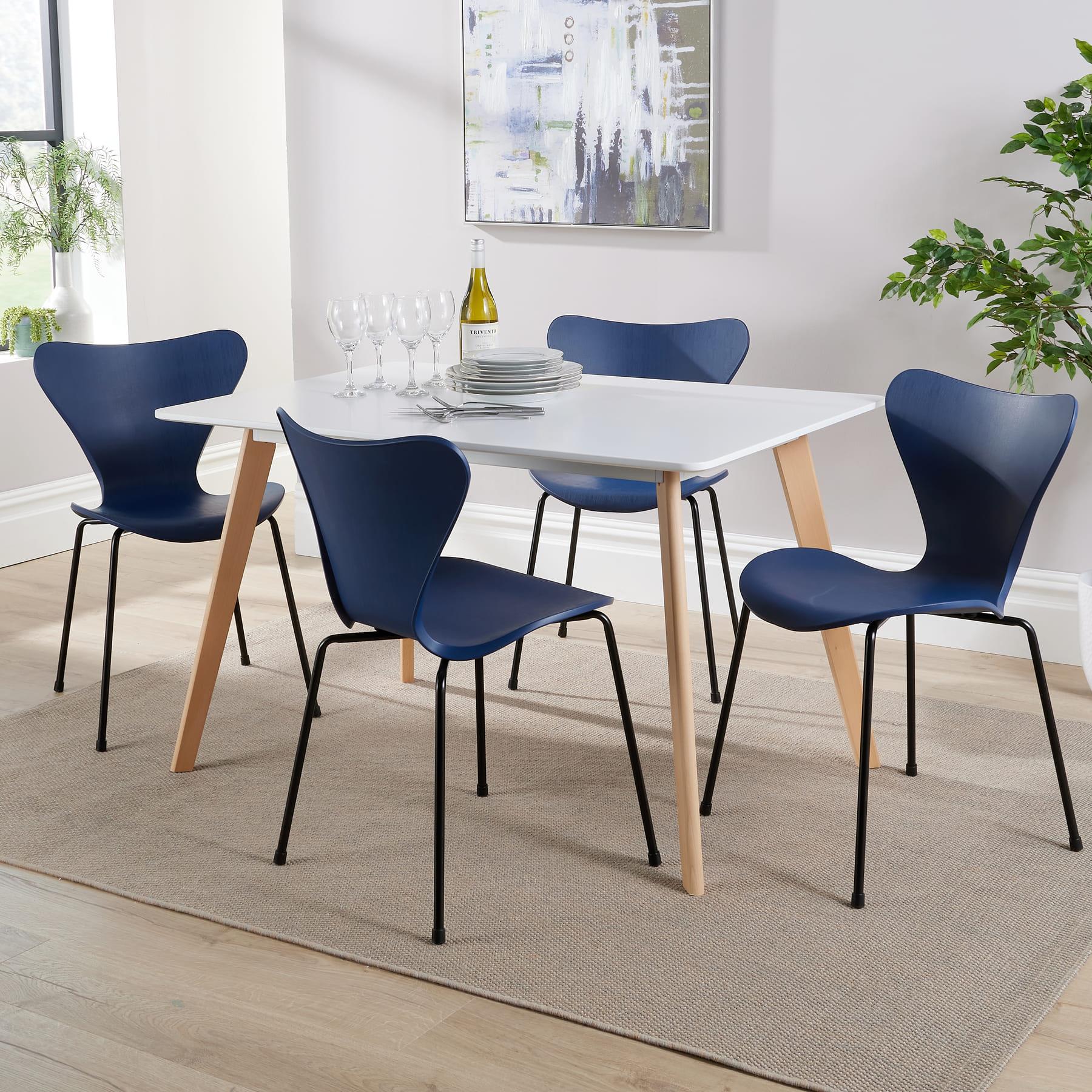 Dining Table Set - 120cm White Top Wooden Legs With 4 Kitchen Chairs Furniture - Picture 25 of 79