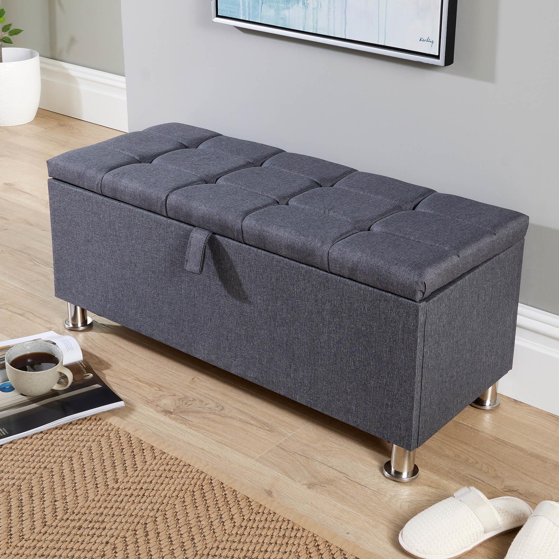 Storage Ottoman Chest Furniture Padded Seat Buttoned Detailing Metal Legs - Picture 3 of 25
