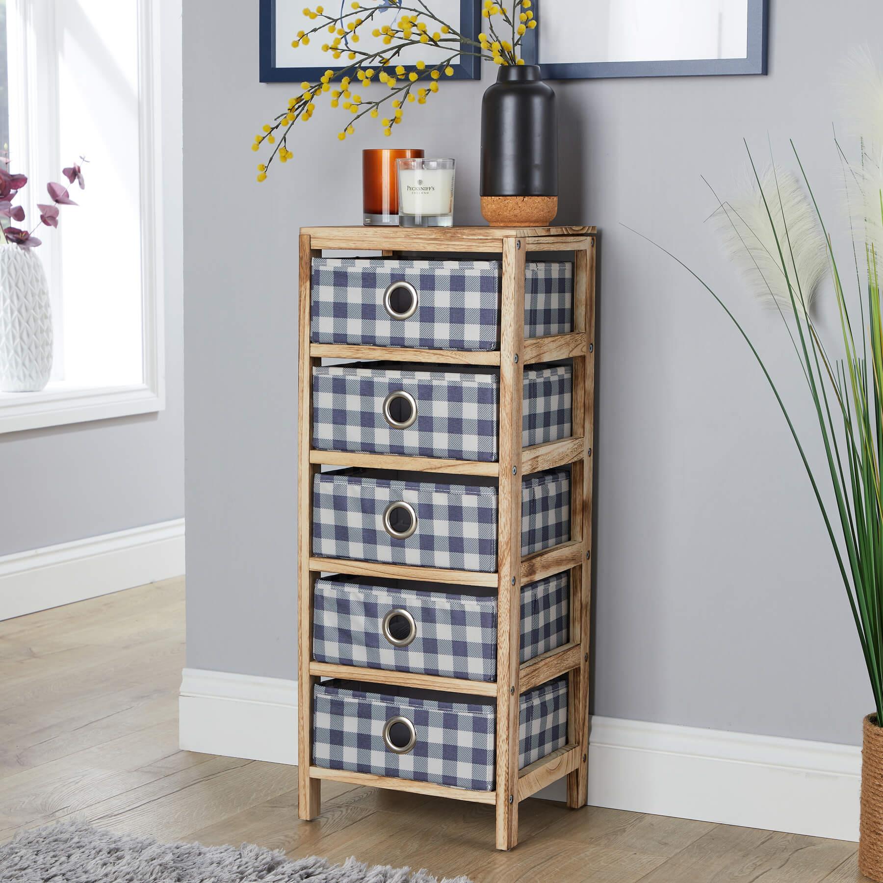 Wooden Chest 3/4/5 Storage Drawers Plaid Fabric Bedroom Organiser Coastal Style - Picture 18 of 22