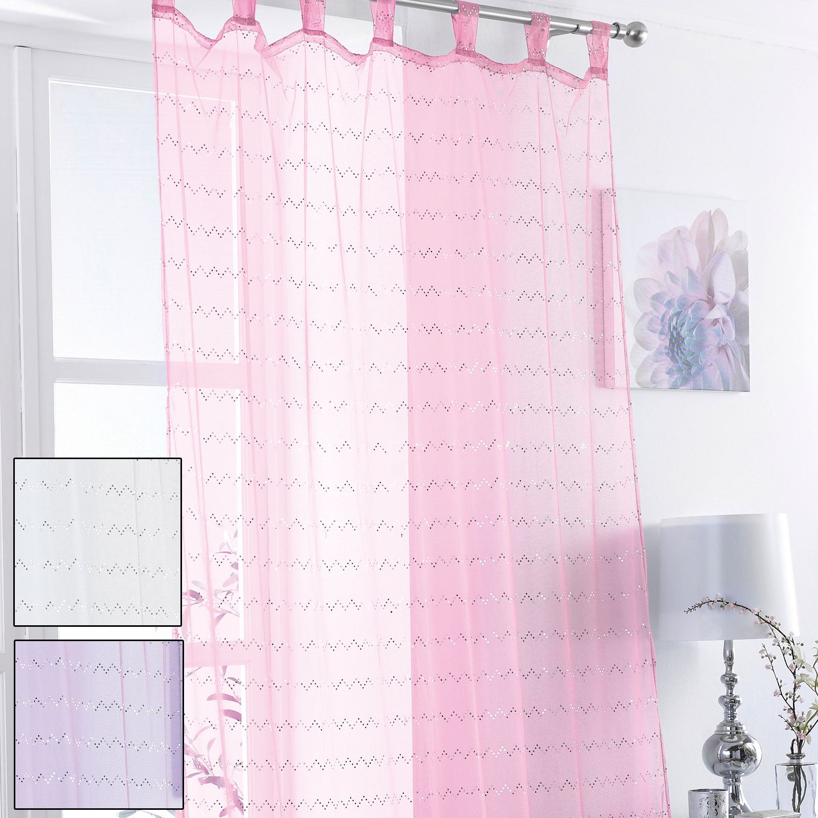 Tab Top Voile Net Curtain Panel Zig Zag Sequins Bed Room Play Pink