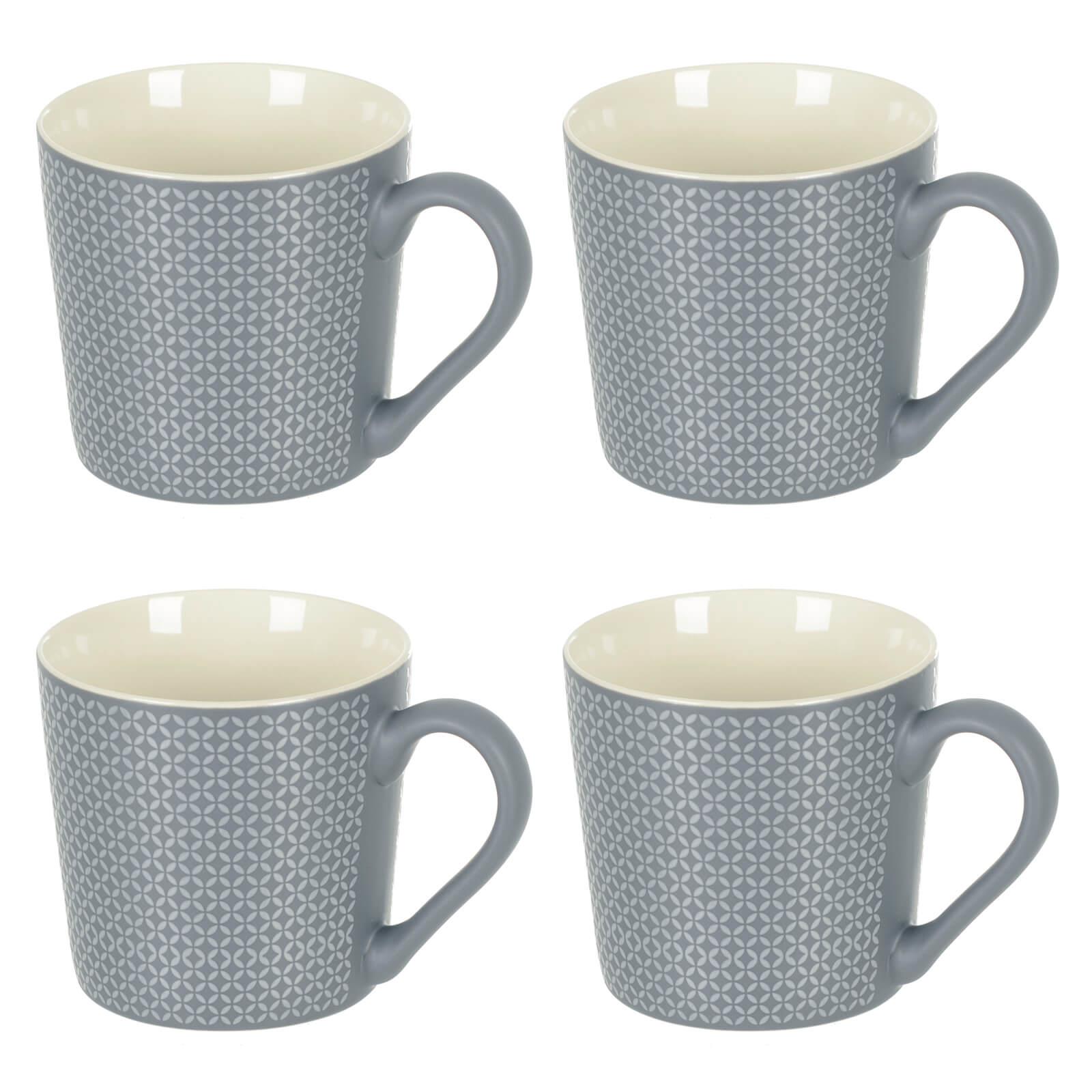 Grey Stoneware Coffee Mugs Set Of 4 Tea Cups Circles Diamonds Pattern 400ml