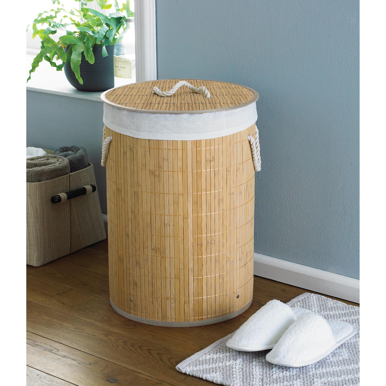 Round Bamboo Laundry Basket Rattan Lid Rope Handles Eco Friendly Hamper 50cm - Picture 4 of 7