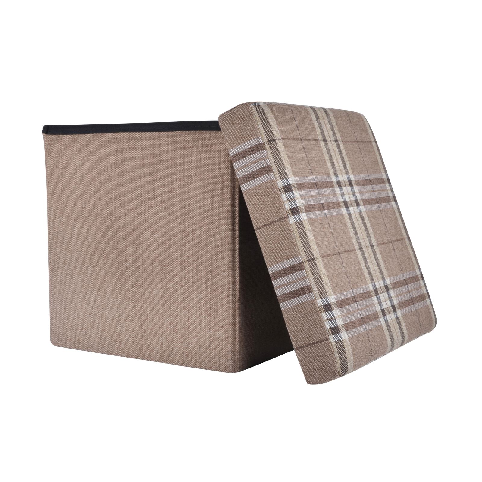 Folding Storage Ottoman Linen Look Plaid Check Fabric Stool Footstool Toy Box - Picture 14 of 18