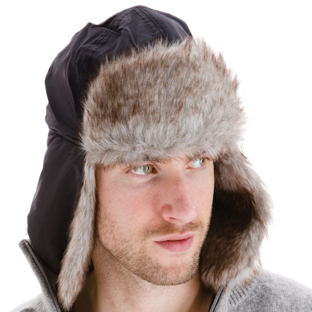 Men's Extra Warm Trapper Hat Faux Fur Lining Ear Flaps Chin Strap Black or Brown - Picture 5 of 6