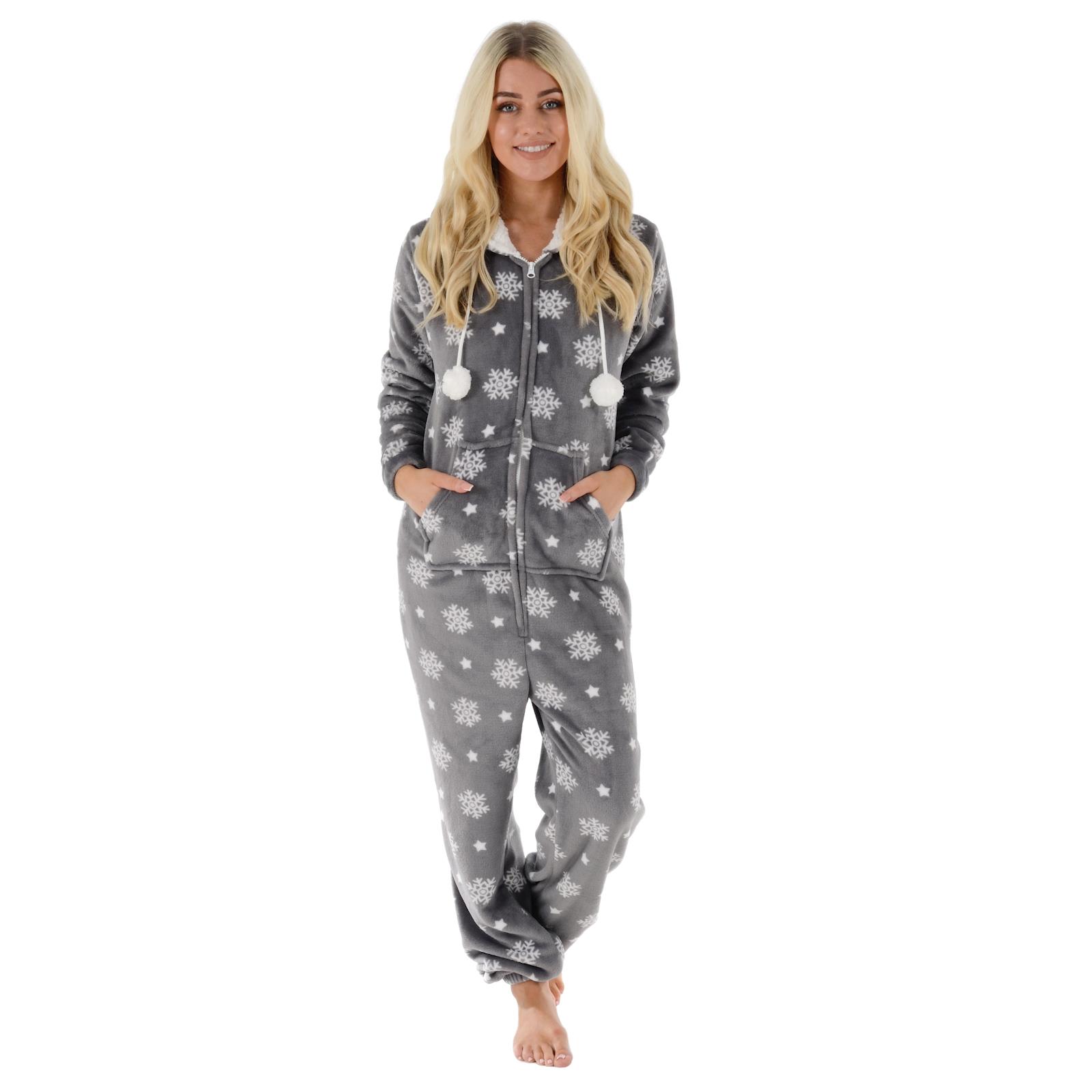 New Ladies Fleece All In One Piece Pyjamas Jump Sleep Suit PJs