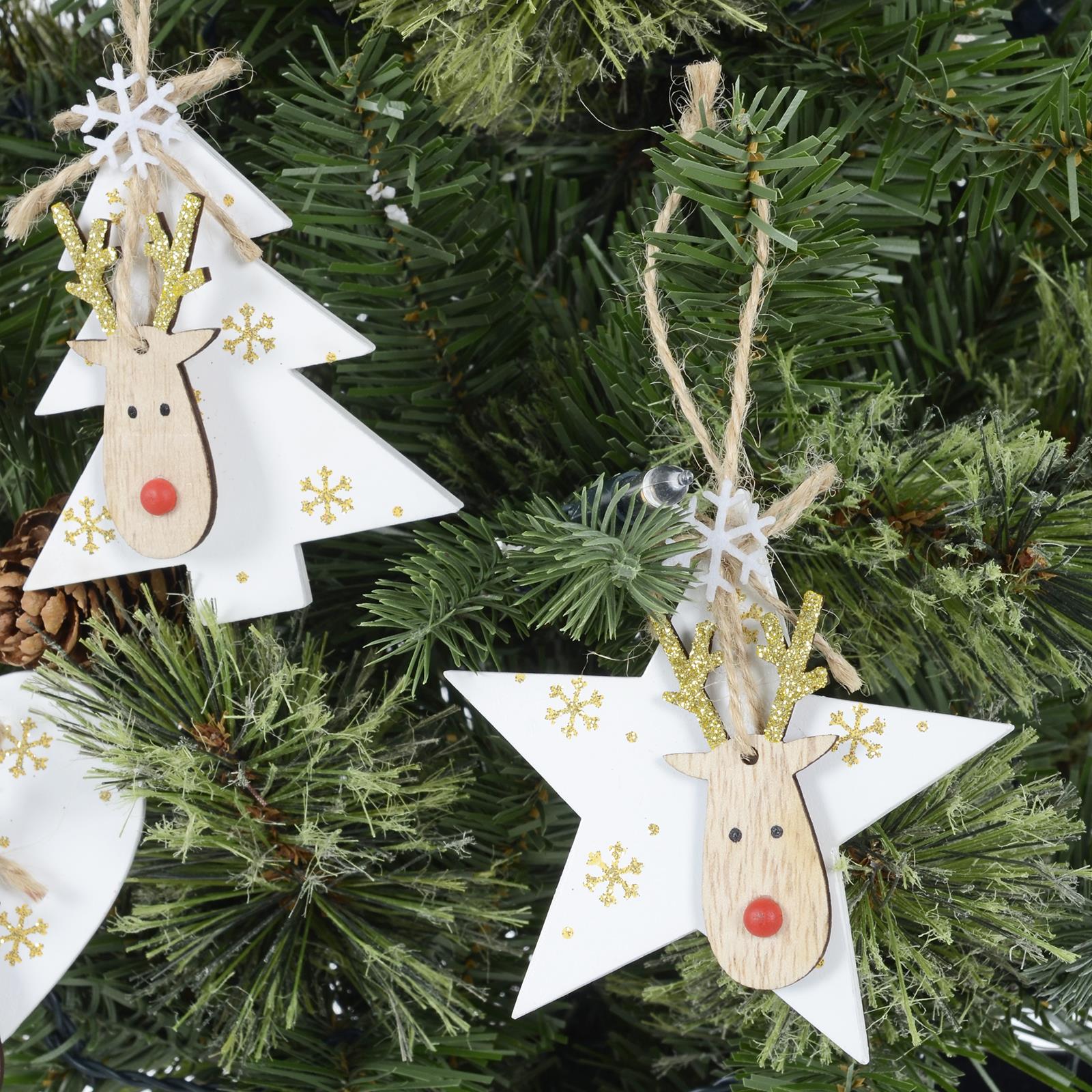 Wooden Christmas Tree Decorations 6 Pack Hanging White