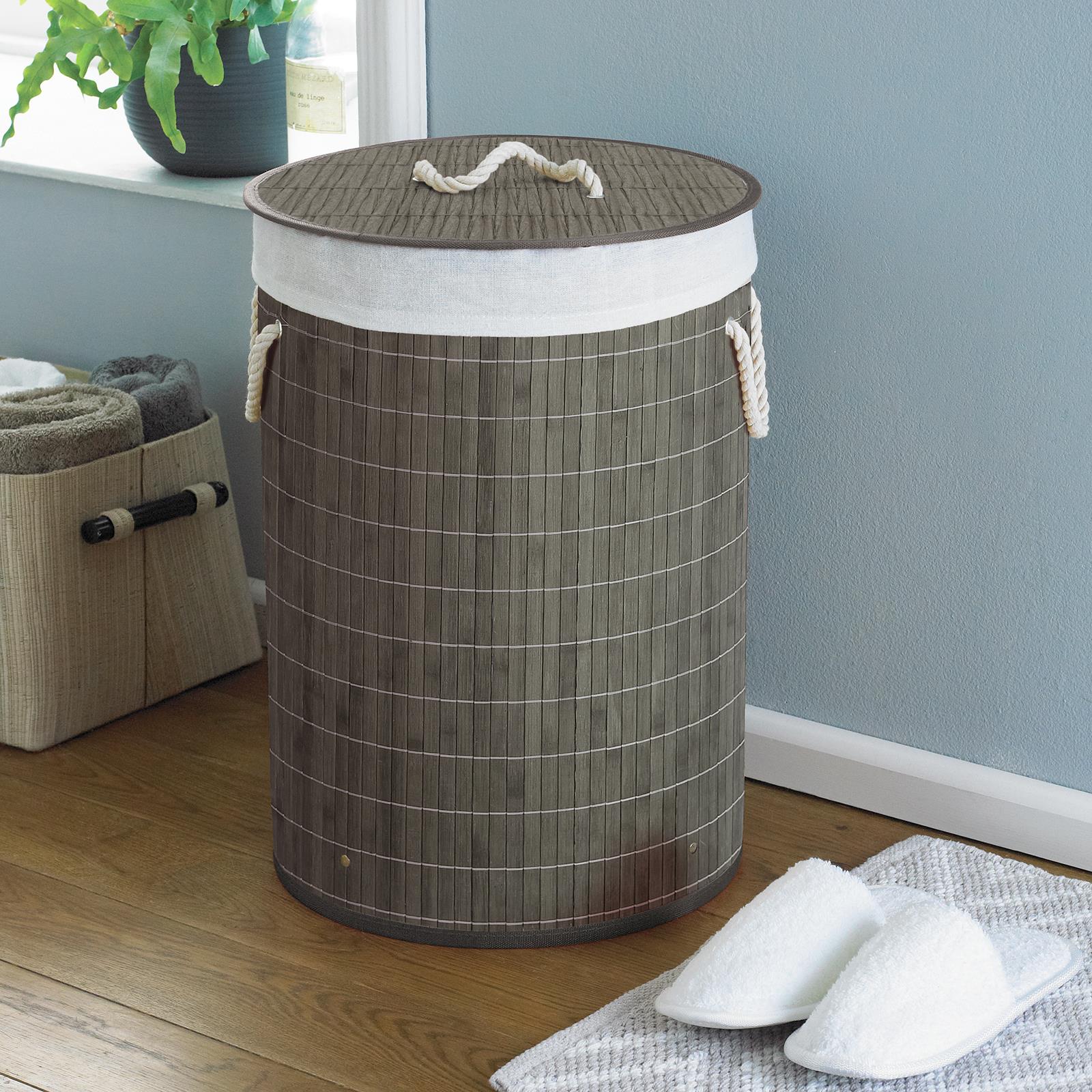 Round Bamboo Laundry Basket Rattan Lid Rope Handles Eco Friendly Hamper 50cm - Picture 2 of 7