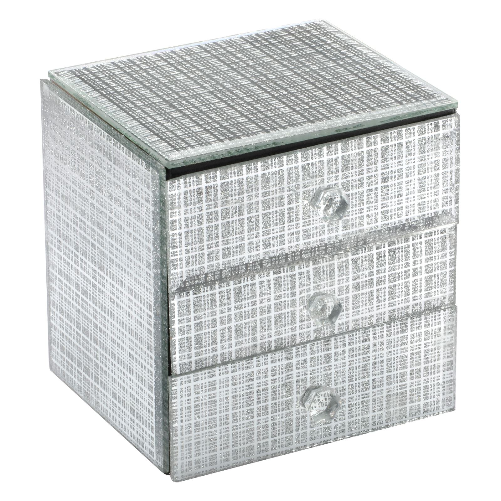New 3 Drawer Mirrored Glass Jewellery Box Glitter Sparkle Effect