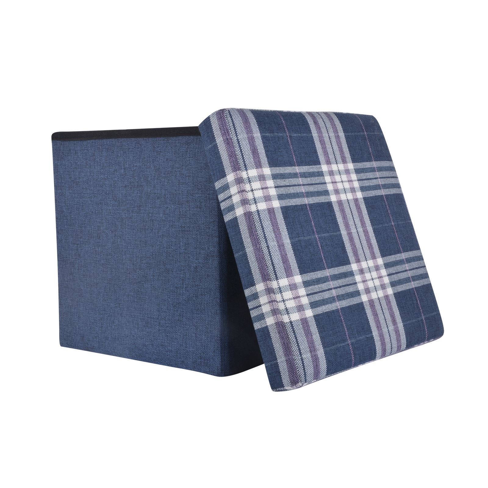 Folding Storage Ottoman Linen Look Plaid Check Fabric Stool Footstool Toy Box - Picture 8 of 18