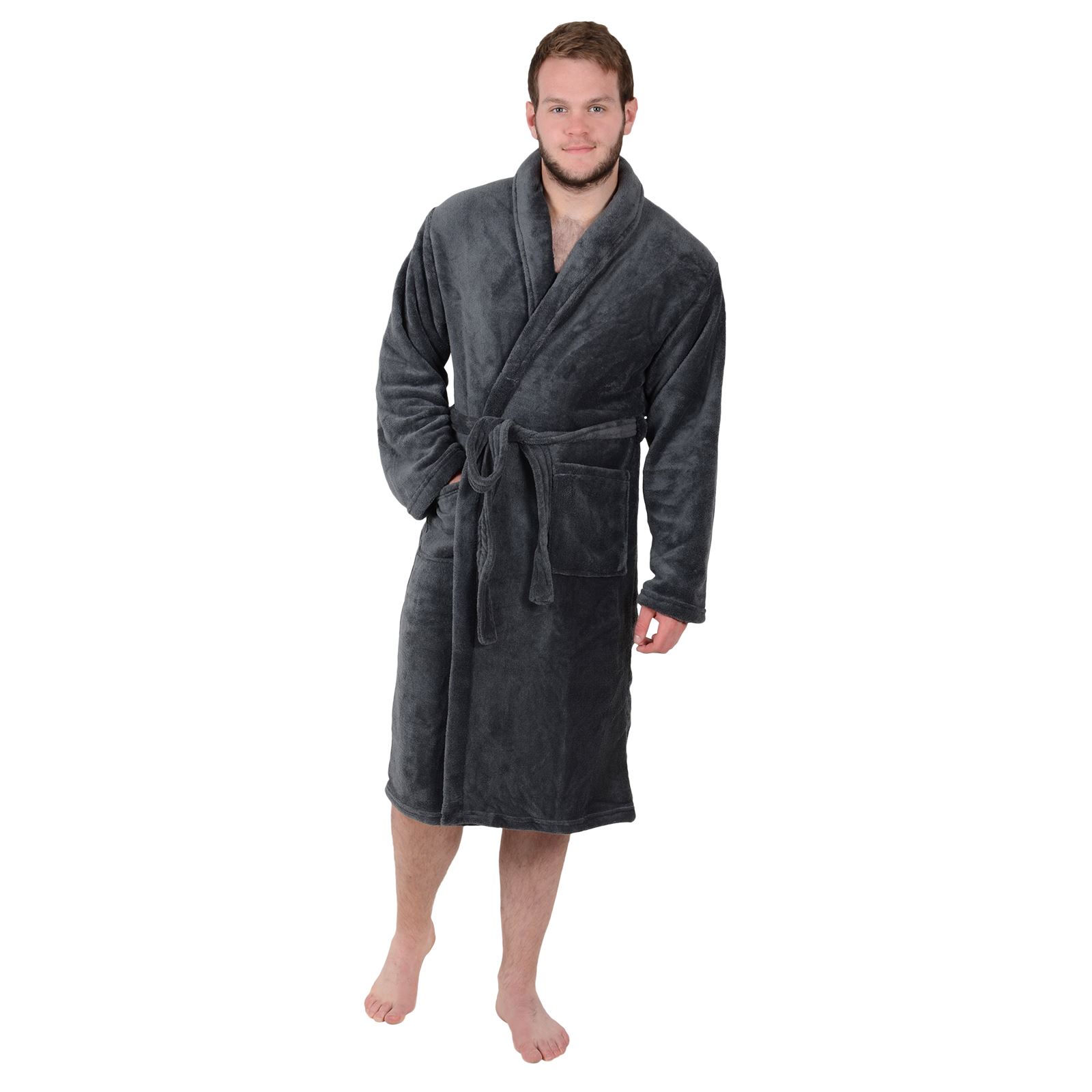 Mens Luxury Coral Fleece Bath Robe Tie Belt Dressing Gown Housecoat