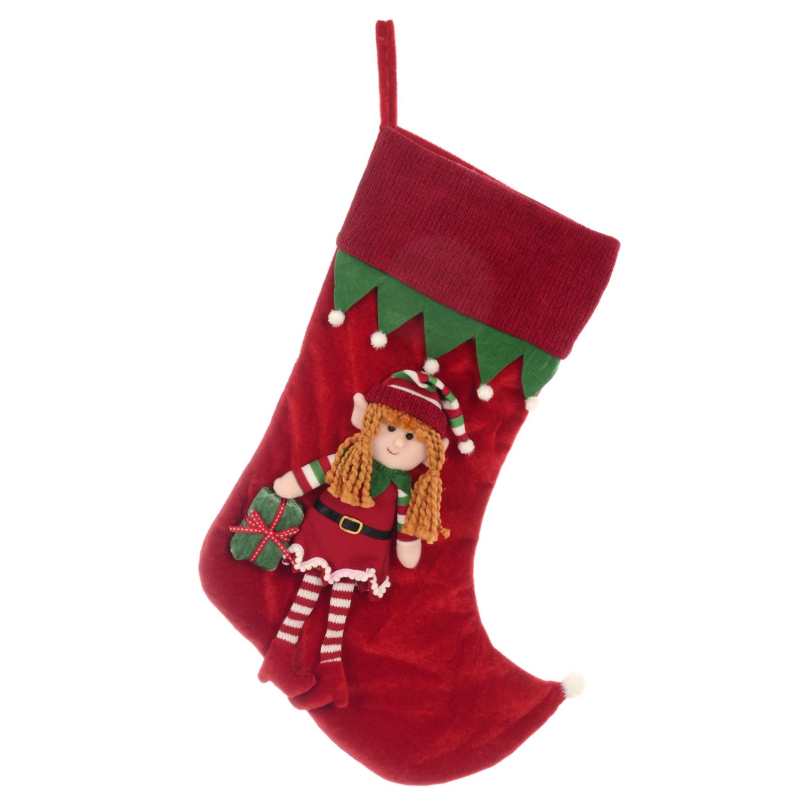 Christmas Stocking Elf Figure Decoration Red Green Plush Fabrics Boy Girl 58cm - Picture 4 of 5